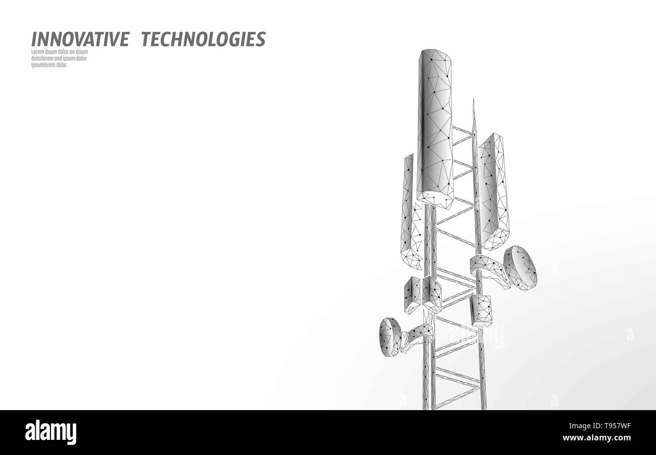3d-Empfänger der Basisstation. Telecommunication Tower 5 g polygonalen Design global connection Informationen Sender. Die Funkantenne zellulären Vektor Stock Vektor