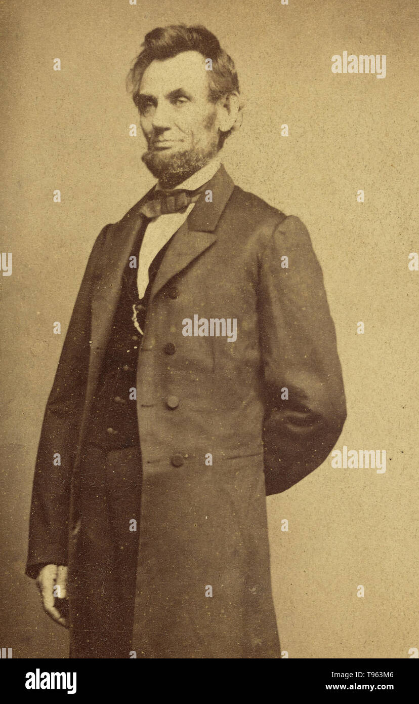 Abraham Lincoln, der mit einem Arm hinter seinem Rücken, 1864. Mathew B. Brady, Fotograf (Amerikanische, ca. 1823 - 1896). Stockfoto