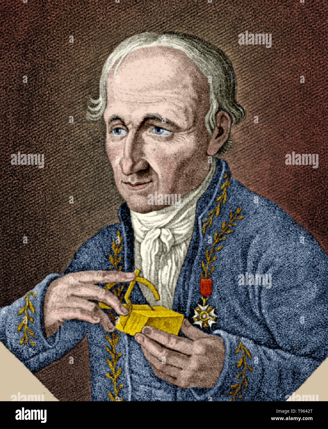René nur Hauy (Februar 28, 1743 - Juni 3, 1822) war ein französischer Mineraloge und Römisch-katholischen Priester geweiht. Sein Interesse in der Kristallographie ergaben sich aus den zufälligen brach ein Stück von Calcit. Bei der Untersuchung entdeckte er, dass sie gespalten entlang gerade Flugzeuge, die bei konstantem Winkel traf. Er brach mehr Stücke von Calcit und fand, dass, unabhängig von der ursprünglichen Form, die zerbrochenen Fragmente konsequent Rhomboedrisch waren, die zu seiner Theorie der Kristallstruktur. Stockfoto