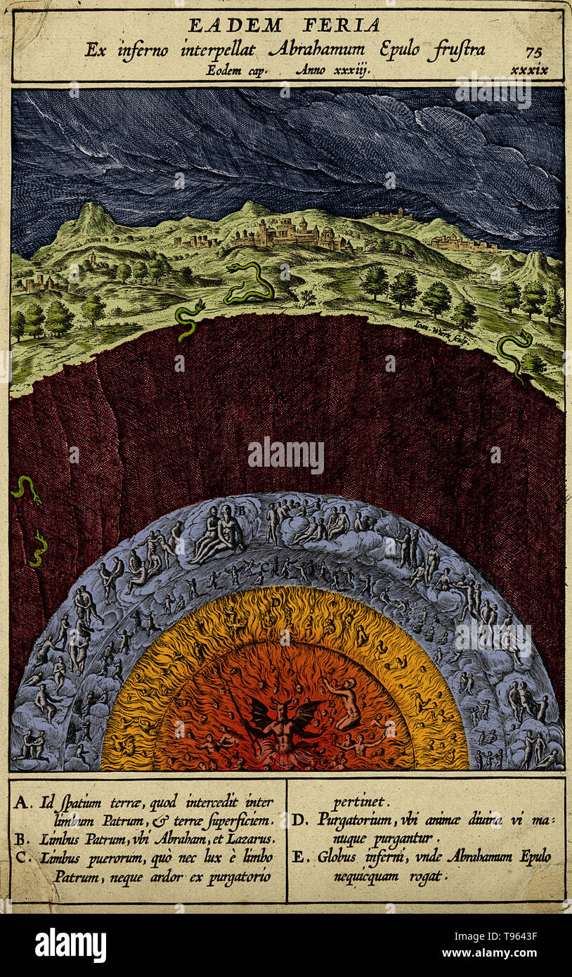 Die Kreise der Hölle und Limbo (mit Abraham und Lazarus) unter der Erde; Schlangen erscheinen auf der Oberfläche der Erde. Gravur, C. 1590 von Johann oder Jan Wierix (1549-C. 1618). Dieses Bild hat Farbe verbessert. Stockfoto