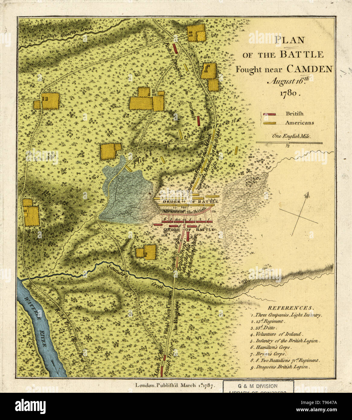 Die Schlacht von Camden war ein wichtiger Sieg für die Briten im Süden Theater der amerikanischen revolutionären Krieg. Am 16. August 1780, Britische Truppen unter Generalleutnant Charles, Lord Cornwallis die amerikanischen Streitkräfte von Major General Horatio Gates verlegt ca. 10 km (5 Meilen) nördlich von Camden, South Carolina, Stärkung der britische Einfluß auf die Carolinas nach der Gefangennahme von Charleston. Stockfoto