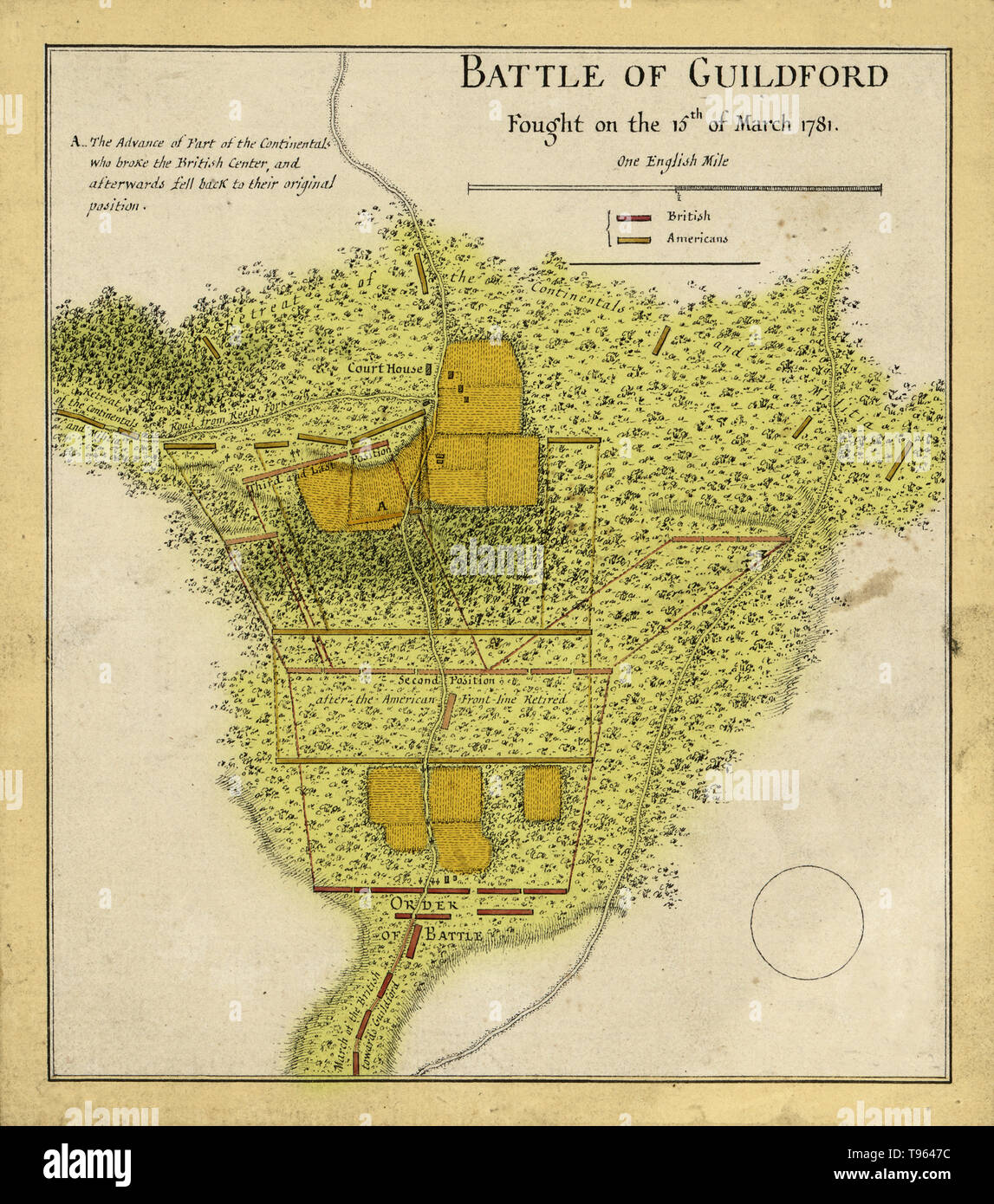 Die Schlacht von Guilford Court House war eine Schlacht am 15. März 1781 gekämpft. Eine 2.100-Mann britische Kraft unter dem Kommando von Lieutenant General Charles Cornwallis besiegte Major General Nathanael Greene 4.500 Amerikaner. Die britische Armee verloren, eine beträchtliche Anzahl von Männern während der Schlacht, die in einem strategischen Sieg für die Amerikaner geführt. Stockfoto