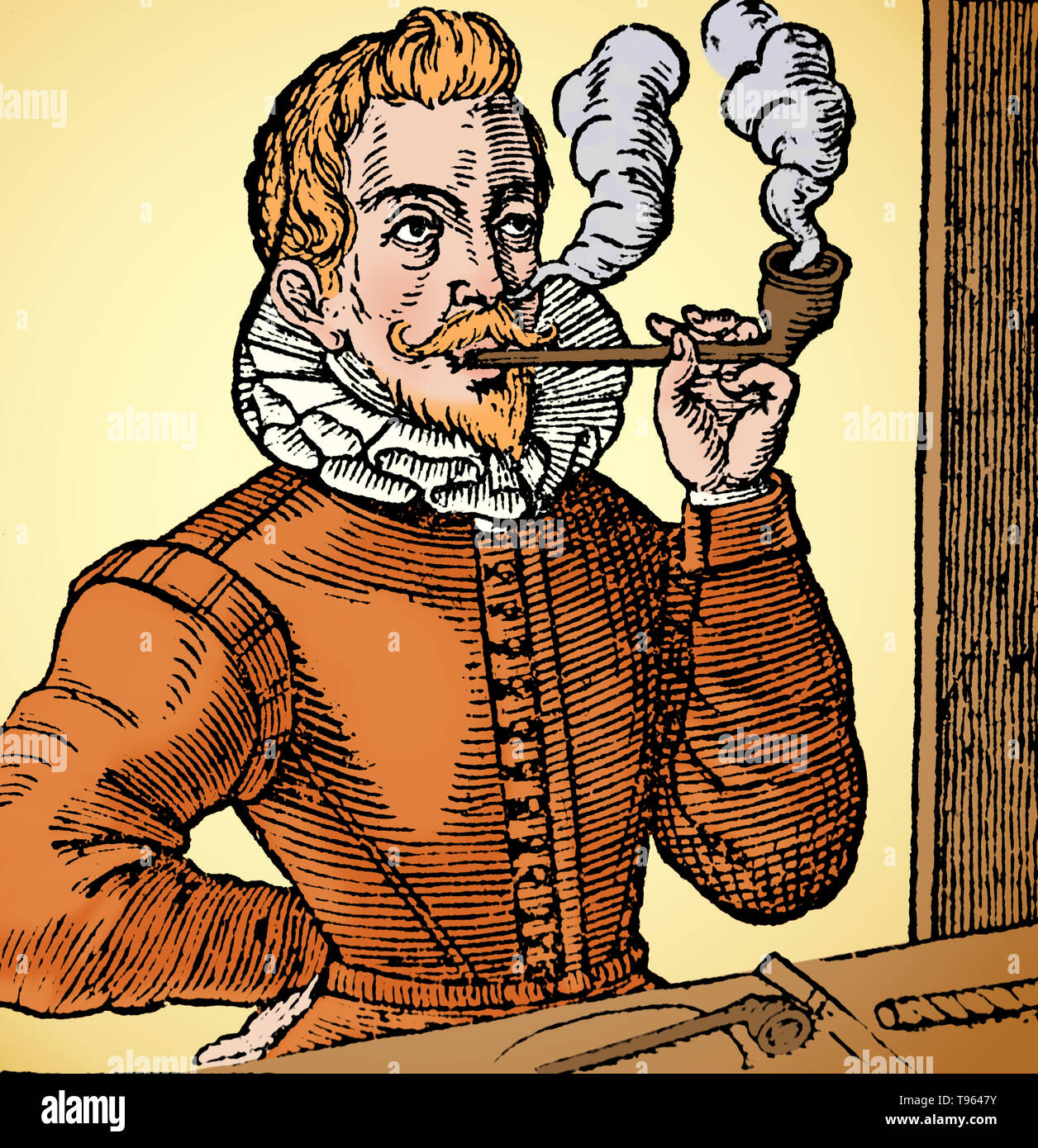 Ein Mann ist Rauchen eine langstielige Pfeife; ein anderes Rohr und einer Zigarette auf einem Tisch vor ihm. Gravur von "Een Korte beschrijvinge van het wonderlijcke kruyt Tabak, Titelseite vignette', 1623. Diese Gravur ist die erste bekannte Bild eines Mannes mit einer Rohrleitung, die ursprünglich im Anthony's Rutsche Tabaco, 1595 erschienen. Dieses Bild hat Farbe verbessert. Stockfoto