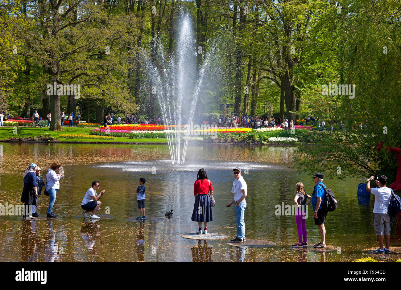 Keukenhof Holland, Besucher mit Brunnen und schöne bunte Blumen und Blüten im Frühling. Europa Stockfoto