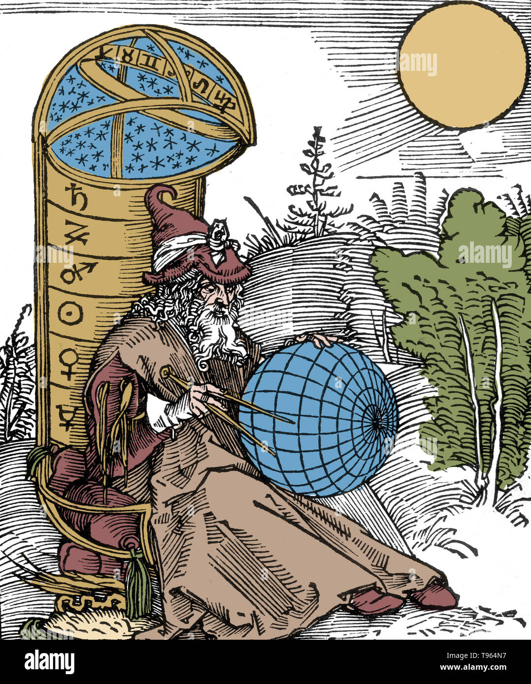 Eine Gravur der Astronom von Albrecht Dürer, von der Titelseite der Messahalah, De scientia motus Orbis (1504). Wie in vielen mittelalterlichen Abbildungen, die Ausarbeitung Kompass Hier ist ein Symbol der Religion sowie der Wissenschaft, in Bezug auf Gott als Architekt der Schöpfung. Mashallah ibn Athari (740-815 AD) war ein aus dem 8. Jahrhundert Persische jüdische Astrologen und Astronomen von der Stadt Basra. Stockfoto