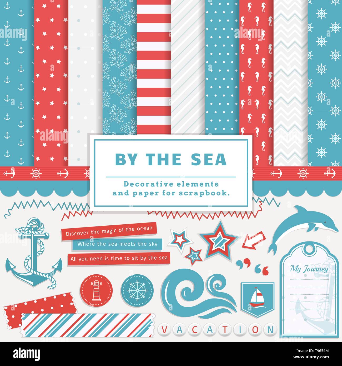 Sea Scrapbooking Kit. Sammlung von Vektor-dekorative Elemente und niedlichen Papieren für Kreativität, um Scrapbook Album oder Postkarte im nautischen Stil zu erstellen Stock Vektor