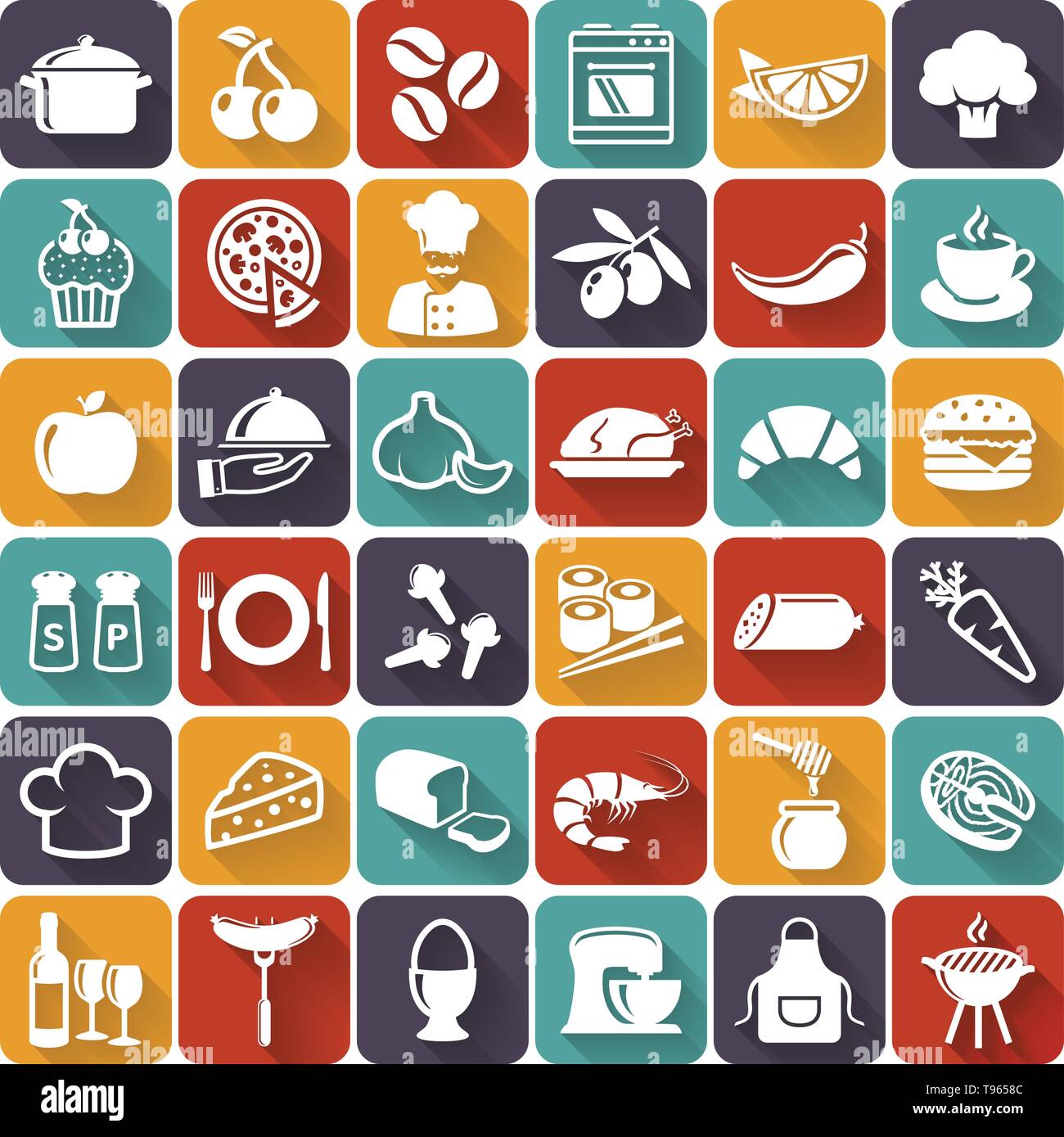 Essen und Kochen flachbild Symbole. Der weiße Symbole für ein kulinarisches Thema. Gesundes und ungesundes Essen, Obst und Gemüse, Gewürze, Geschirr und mehr Stock Vektor