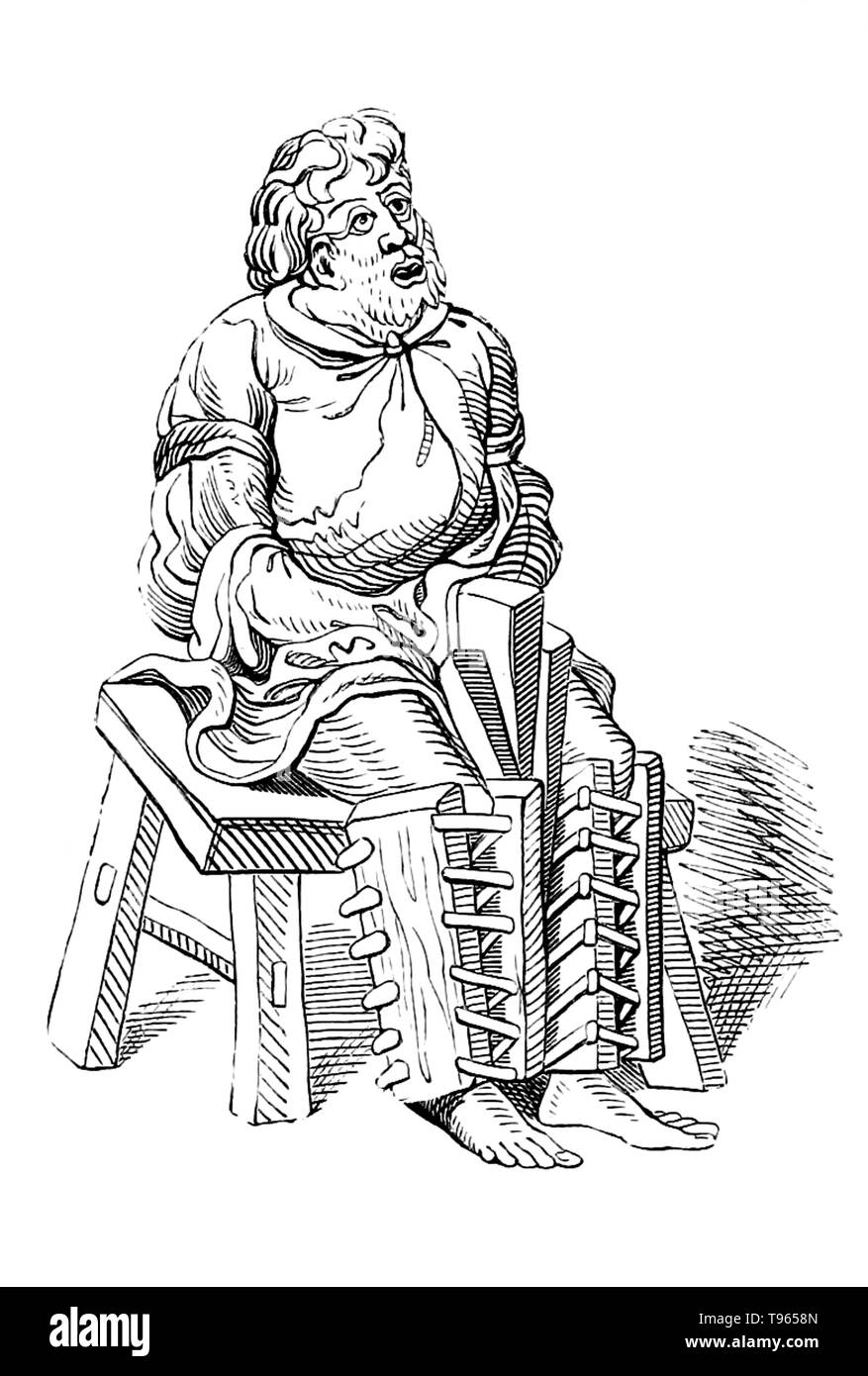 Der Begriff Starten bezieht sich auf eine Familie von Instrumente der Folter und Verhör unterschiedlich entwickelt, Quetschungen zu Fuß und/oder Bein zu verursachen. Das Boot hat viele Formen in verschiedenen Orten und Zeiten. Gemeinsame Sorten gehören die spanischen Boot (auch bezeichnet als scarpines) und der malaiischen Boot. Ein Typ wurde von vier Stücke von schmalen Holzbrett zusammen genagelt. Die Bretter wurden gemessen, das Bein des Opfers zu passen. Stockfoto