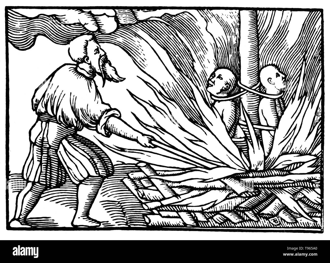 Zwei dominikanischen Mönchen auf dem Scheiterhaufen der Inquisition verbrannt für angeblich Unterzeichnung Pakte mit dem Teufel. Die spanische Inquisition wurde 1480 durch die Katholischen Könige Ferdinand II. von Aragón und Isabella I. gegründet beabsichtigt wurde, Katholische Orthodoxie in ihren Königreichen zu erhalten und die mittelalterliche Inquisition, die unter päpstlichen Kontrolle zu ersetzen. Die Inquisition war ursprünglich in erster linie die orthodoxie von denen, die aus dem Judentum und Islam konvertiert zu gewährleisten. Stockfoto Zwei dominikanischen Mönchen auf dem Scheiterhaufen der Inquisition verbrannt für angeblich Unterzeichnung Pakte mit dem Teufel. Die spanische Inquisition wurde 1480 durch die Katholischen Könige Ferdinand II. von Aragón und Isabella I. gegründet beabsichtigt wurde, Katholische Orthodoxie in ihren Königreichen zu erhalten und die mittelalterliche Inquisition, die unter päpstlichen Kontrolle zu ersetzen. Die Inquisition war ursprünglich in erster linie die orthodoxie von denen, die aus dem Judentum und Islam konvertiert zu gewährleisten. Stockfoto