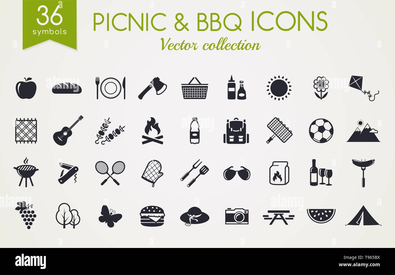 Picknick und Grill Web-Icons. Set von schwarzen Symbolen für einen Sommer Outdoor-Erholung Thema. Vektor-Kollektion von Silhouette Elemente auf weiß isoliert. Stock Vektor