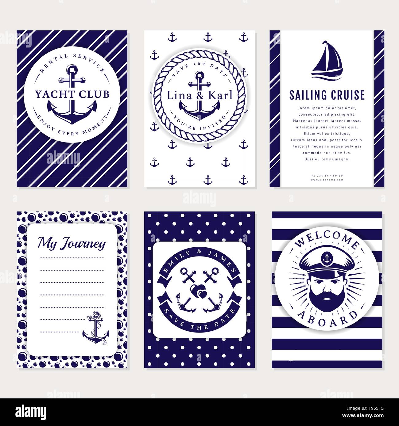 Marine Banner, Einladungen und Flyer. Elegante Karte Vorlagen in Weiß und marine blau Farben. Meer Hochzeit, Yacht Club, Segeln und andere Na Stock Vektor