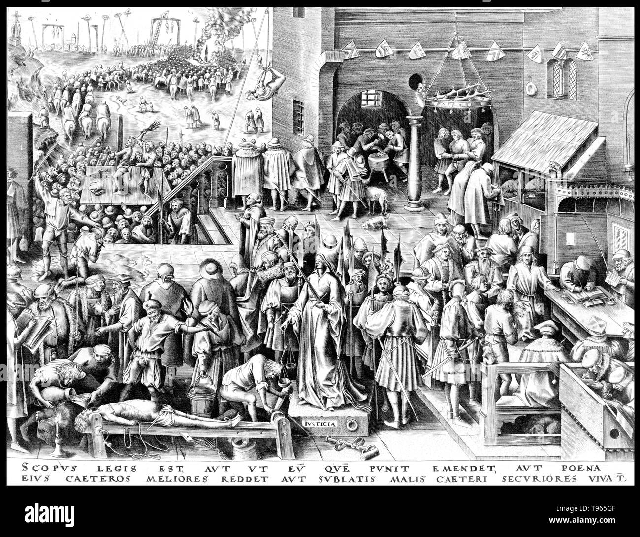 Gerechtigkeit steht mit verbundenen Augen, wie die Menschen um Sie herum gequält werden. Das lateinische Motto am Ende lautet: "Ziel des Gesetzes ist entweder durch Strafe, der bestraft wird, oder die anderen durch sein Beispiel, oder der Allgemeinheit zu schützen, indem die Überwindung des Bösen zu verbessern, zu korrigieren." Pieter Bruegel der Ältere (1525/1530 - 9. September 1569) die größten war Maler und Grafiker des niederländischen und flämischen Renaissance Bewegung. Stockfoto