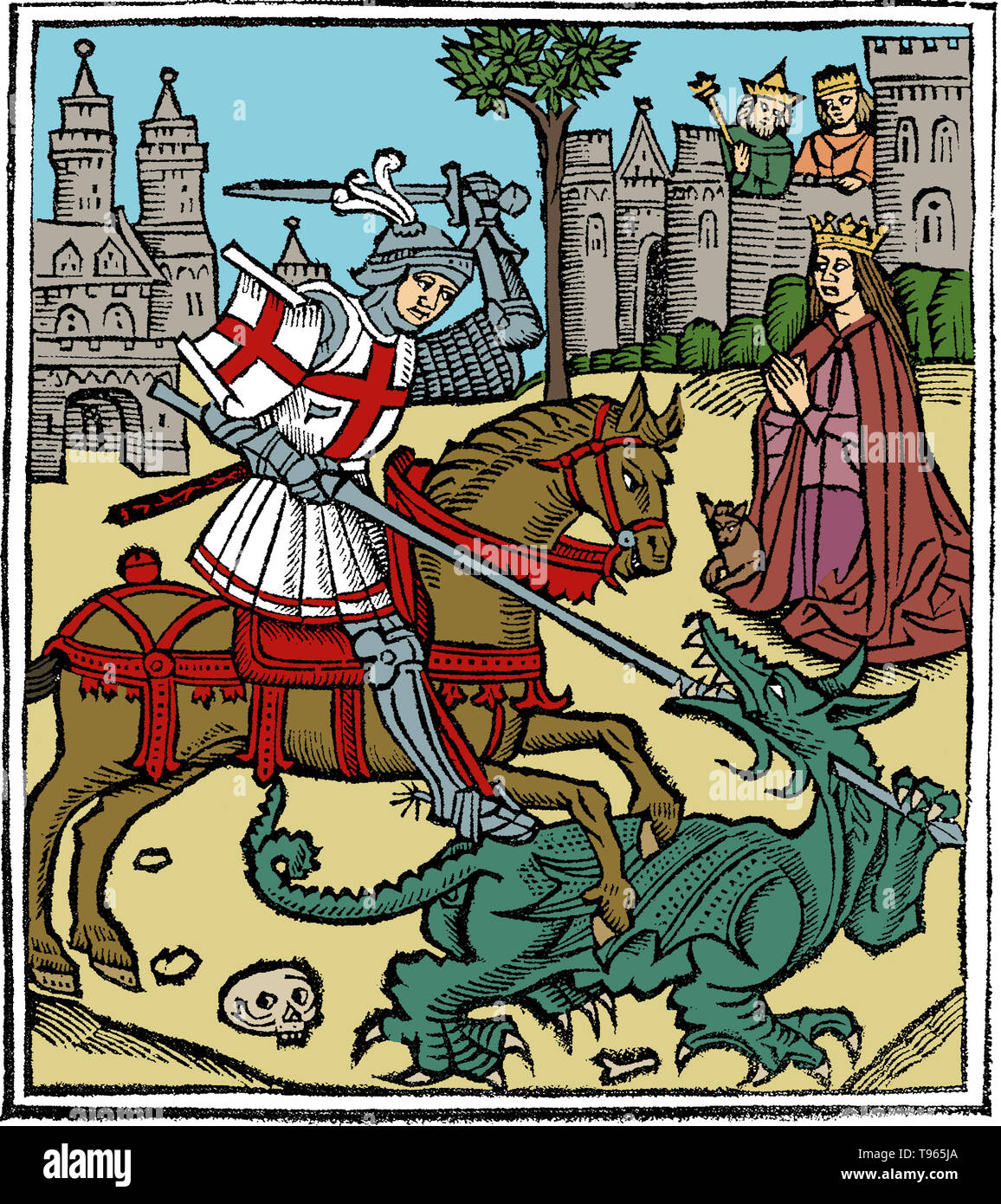 Saint George (275/281 - 23. April, 303 AD) war ein Soldat in der römischen Armee später verehrt als christlicher Märtyrer. Er ist einer der am meisten verehrten Heiligen in der katholischen, anglikanischen, orthodoxen und den Orientalisch-orthodoxen Kirchen. Er ist unsterblich in die Geschichte von St. George und der Drache und ist einer der Vierzehn Nothelfer. Die Episode von St. George und der Drache war eine Legende wieder mit den Kreuzfahrern. Stockfoto