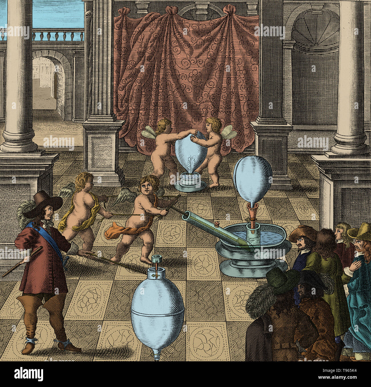 Farbe verbesserte Abbildung der Otto-von-Guericke-Universität und seine Luftpumpe. Von "echanica - Hydraulico-pneumatica" von Kaspar Schott. Veröffentlicht, 1657. Otto-von-Guericke-Universität (1602-1686) war ein deutscher Wissenschaftler, Erfinder und Politiker. Seine großen wissenschaftlichen Errungenschaften waren die Errichtung der Physik der Staubsauger, die Entdeckung einer experimentellen Methode für deutlich, elektrostatische Abstoßung, und sein Eintreten für die Realität der Aktion in einem Abstand und der absoluten Raum. Stockfoto