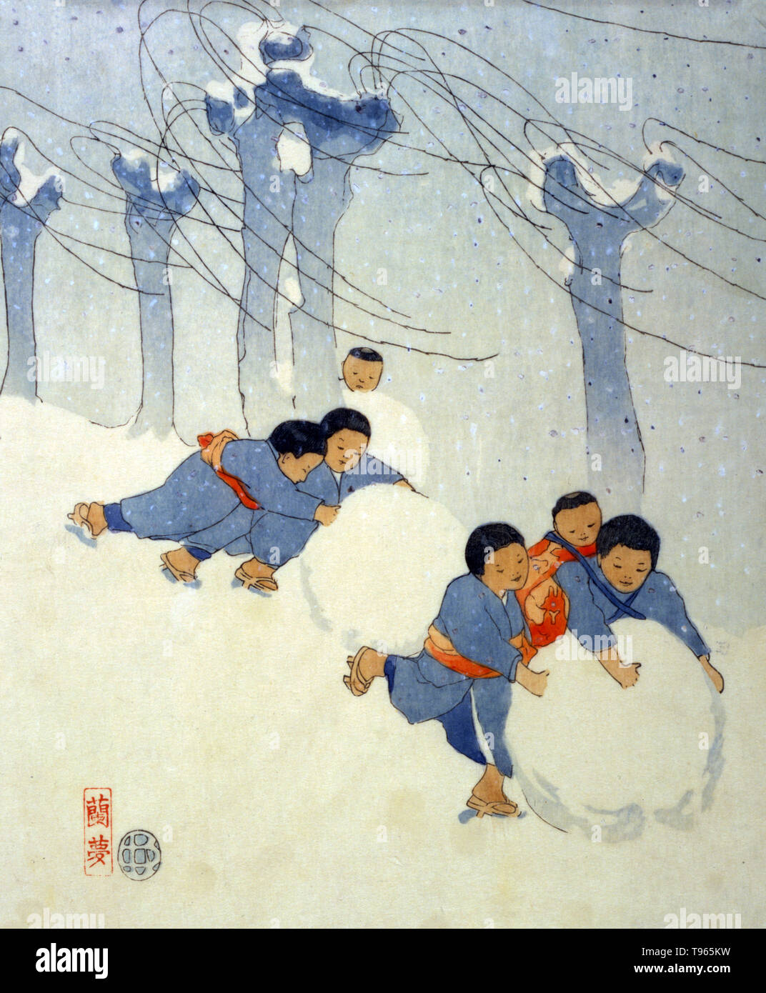 Japanische Kinder Rollen große Schnee Kugeln. Ukiyo-e (Bilder der fließenden Welt) ist ein Genre der japanischen Kunst, die vom 17. bis 19. Jahrhundert blühte. Ukiyo-e war zentral für die Wahrnehmung des Westens für Japanische Kunst im späten 19. Jahrhundert. Die Landschaft Genre hat kommen die westlichen Auffassungen von Ukiyo-e zu beherrschen, obwohl Ukiyo-e eine lange Geschichte vor diesen späten - ära Meister hatte. Stockfoto