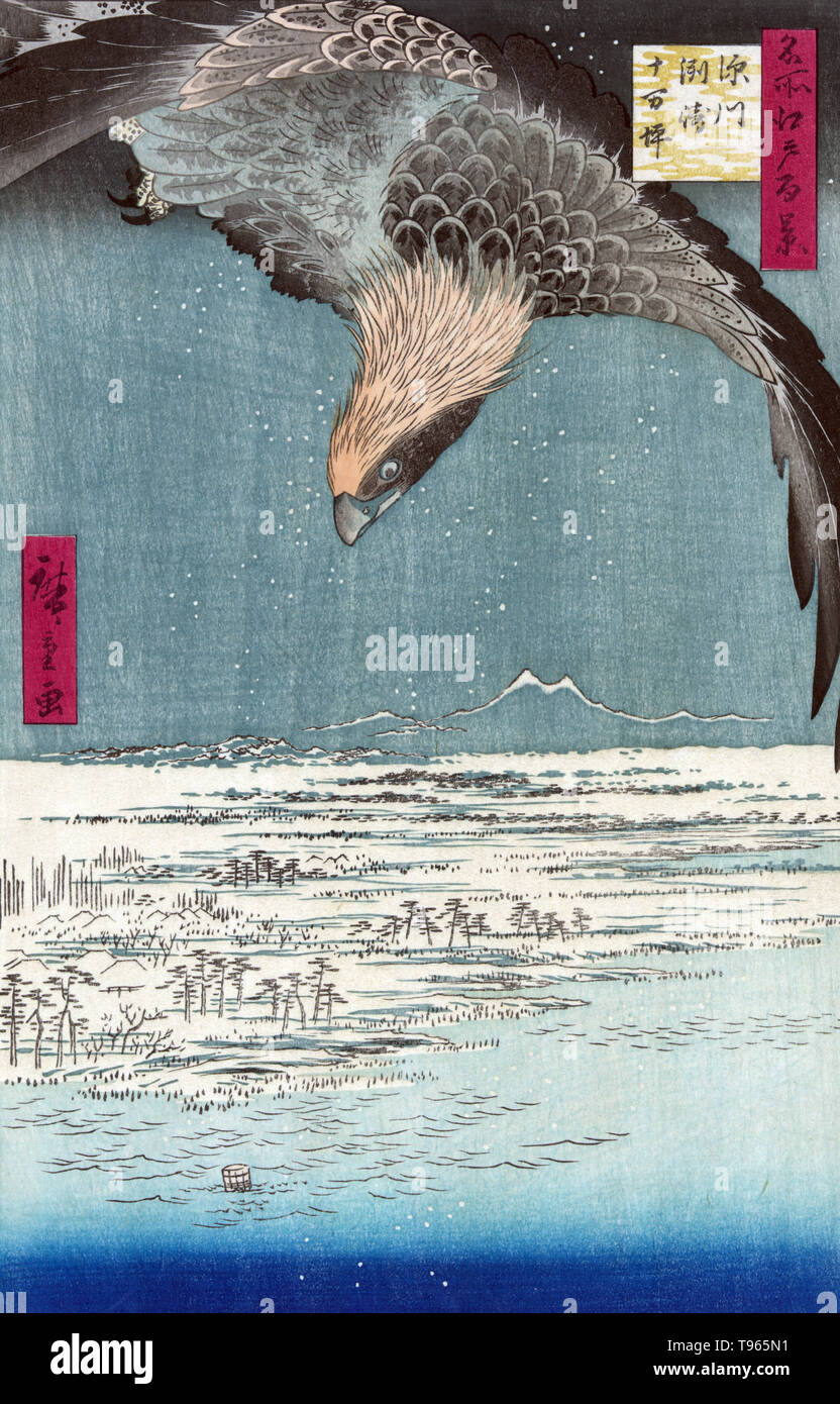 Fukagawa susaki jumantsubo. Hawk fliegen über eine verschneite Landschaft entlang der Küste. Ukiyo-e (Bilder der fließenden Welt) ist ein Genre der japanischen Kunst, die vom 17. bis 19. Jahrhundert blühte. Ukiyo-e war zentral für die Wahrnehmung des Westens für Japanische Kunst im späten 19. Jahrhundert. Die Landschaft Genre gekommen ist, die westlichen Auffassungen von Ukiyo-e zu beherrschen. Stockfoto