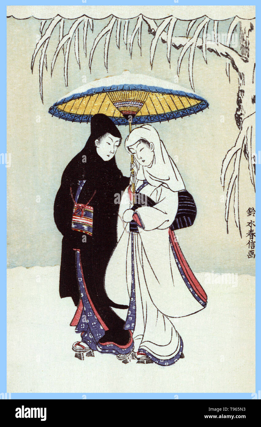 Secchu aiaigasa. Paar unter dem Dach im Schnee (Crow und Reiher). Ein Mann und eine Frau, die in den Schnee unter einem schneebedeckten Dach. Ukiyo-e (Bilder der fließenden Welt) ist ein Genre der japanischen Kunst, die vom 17. bis 19. Jahrhundert blühte. Ukiyo-e war zentral für die Wahrnehmung des Westens für Japanische Kunst im späten 19. Jahrhundert. Stockfoto