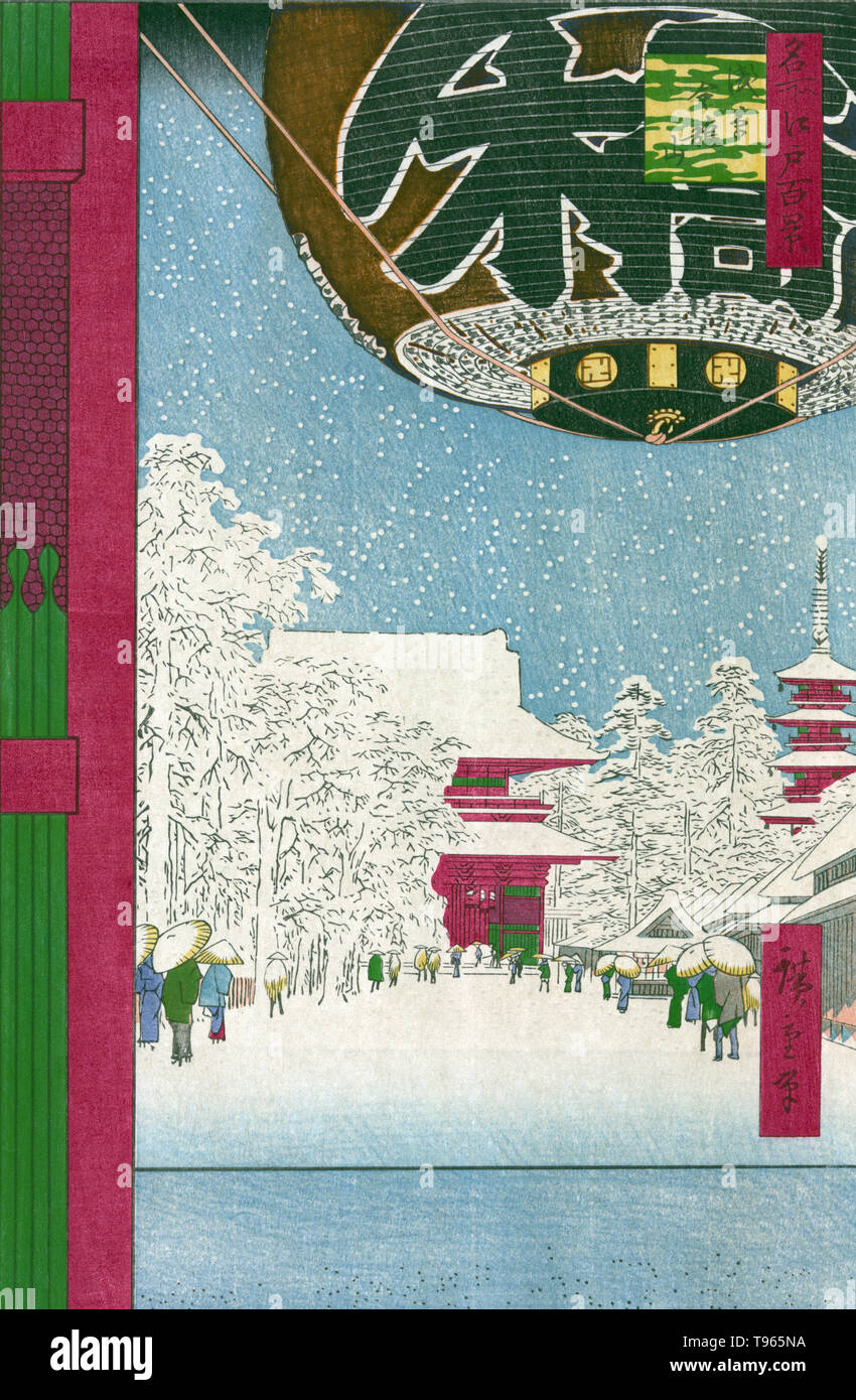 Asakusa kinryuzan. Kinryuzan Tempel Asakusa. Großes Papier Laternen hängen in einem Gateway zu einem schneebedeckten Weg zum Kinryuzan Tempel in Asakusa. Ukiyo-e (Bilder der fließenden Welt) ist ein Genre der japanischen Kunst, die vom 17. bis 19. Jahrhundert blühte. Ukiyo-e war zentral für die Wahrnehmung des Westens für Japanische Kunst im späten 19. Jahrhundert. Die Landschaft Genre gekommen ist, die westlichen Auffassungen von Ukiyo-e zu beherrschen. Stockfoto