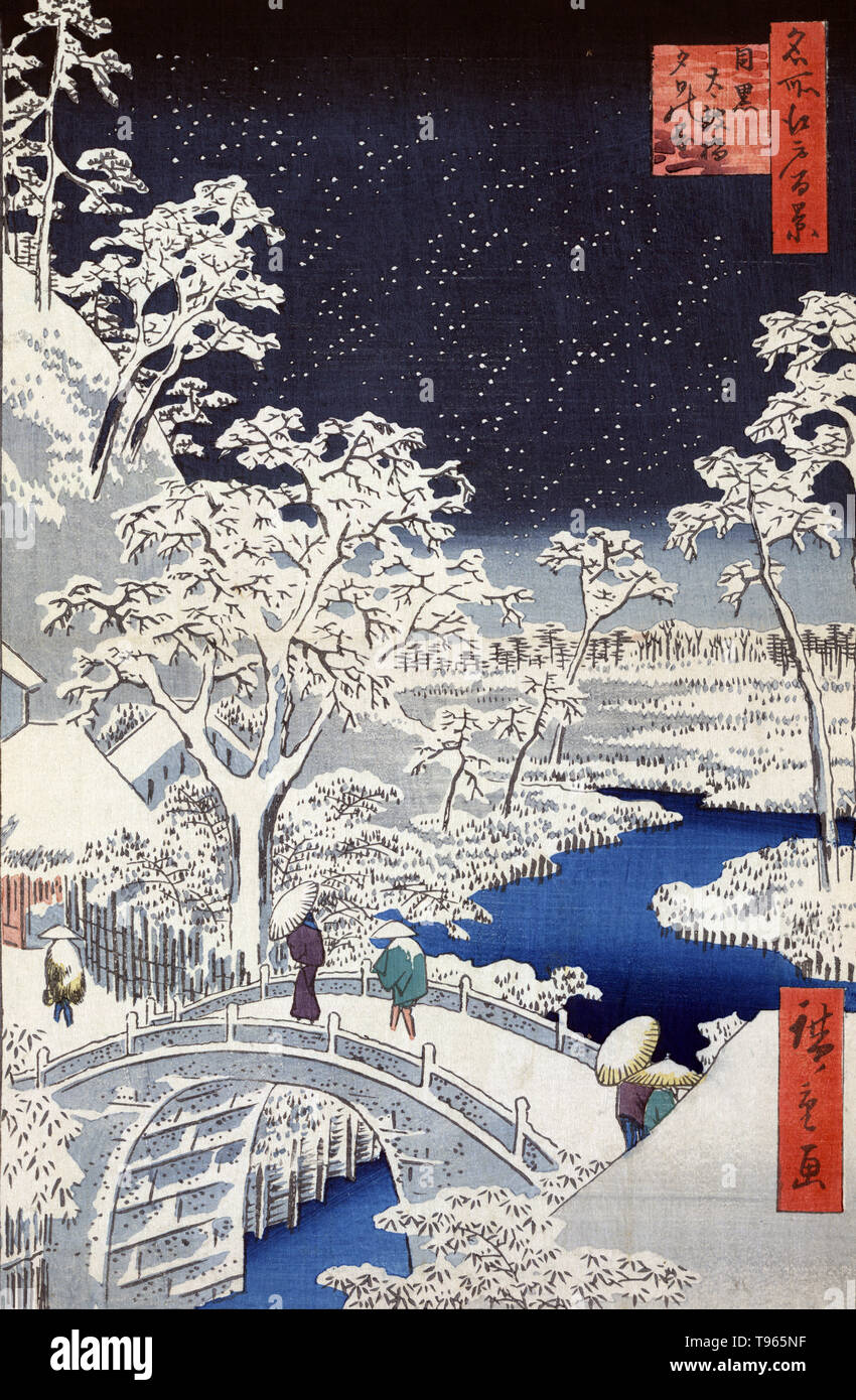 Meguro taikobashi yuhinooka. Meguro drum Bridge und Sunset Hill. Fußgänger beim Überqueren einer Brücke aus Stein bei einem Schneesturm. Ukiyo-e (Bilder der fließenden Welt) ist ein Genre der japanischen Kunst, die vom 17. bis 19. Jahrhundert blühte. Ukiyo-e war zentral für die Wahrnehmung des Westens für Japanische Kunst im späten 19. Jahrhundert. Die Landschaft Genre hat kommen die westlichen Auffassungen von Ukiyo-e zu beherrschen. Stockfoto