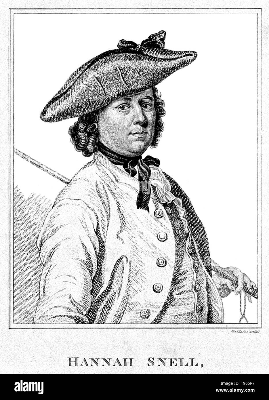 Hannah Snell (April 23, 1723 - Februar 8, 1792) war ein englischer Soldat. 1744 Hannah heiratete einen Mann namens James Beträge. Das Paar hatte eine Tochter, sondern das Kind gestorben und ihr Mann verschwunden. Sie borgte Kleidung von ihrem Schwager, James Gray, seine Identität angenommen und trat der Marines. Im Jahre 1748, ihr Gerät gesendet wurde die französische Kolonie von Schlacht von Pondicherry in Indien zu erfassen. Sie kämpfte auch in der Schlacht bei Devicottail im Jahr 1749. Stockfoto