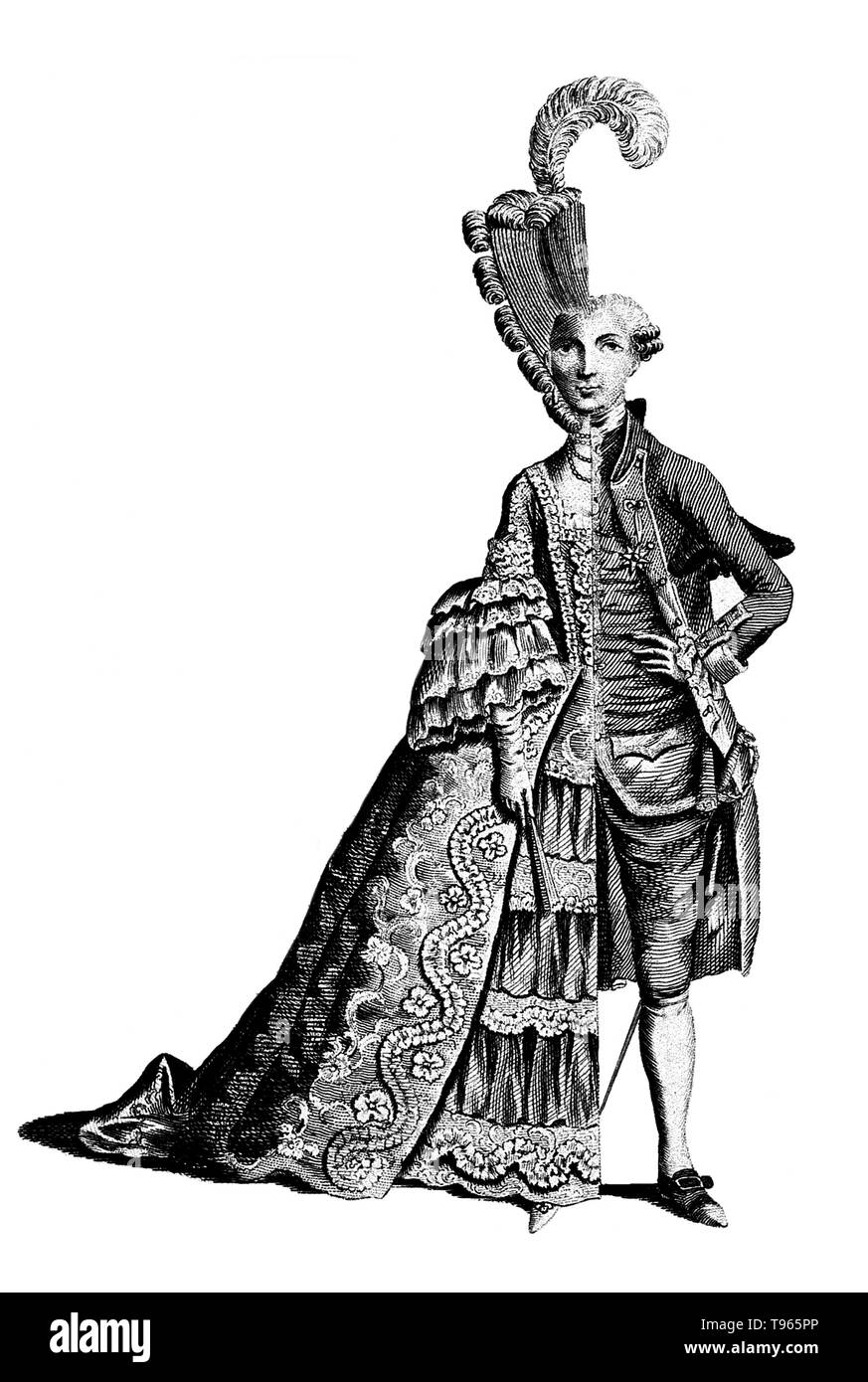 Charles-Geneviève-louis-auguste-André-Timothée d'Éon de Beaumont (5. Oktober 1728 - 21.Mai 1810), in der Regel bekannt als der Chevalier d'Éon, war ein französischer Diplomat, Spy, Freimaurer und Soldaten, die im Siebenjährigen Krieg kämpfte. D'Éon hatte Androgyne physikalische Eigenschaften und natürlichen Fähigkeiten als nachahmen, gute Funktionen für ein Spion. Stockfoto