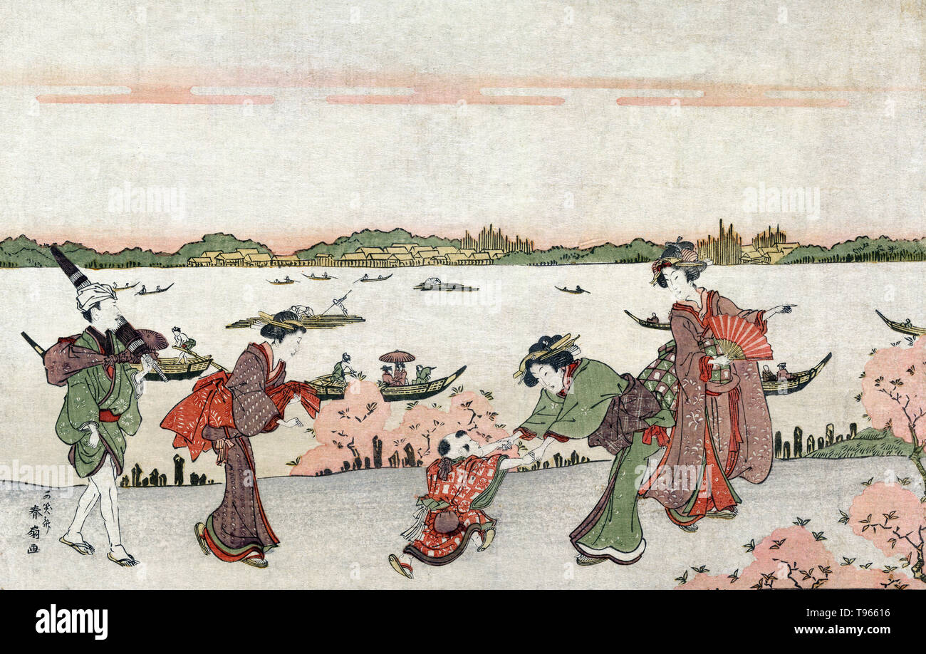 Mimeguri keine HANAMI. Cherry Blossom Anzeigen in Mimeguri. Drucken zeigt drei Frauen mit einem männlichen Begleiter mit einem Sonnenschirm, und ein Kind zu Fuß entlang der Flussufer unter Kirschbäumen. Eine Kirschblüte (häufig in Japan bekannt als Sakura) ist die Blume der mehrere Bäume der Gattung Prunus, insbesondere die Japanische Kirsche, Prunus Serrulata. Stockfoto