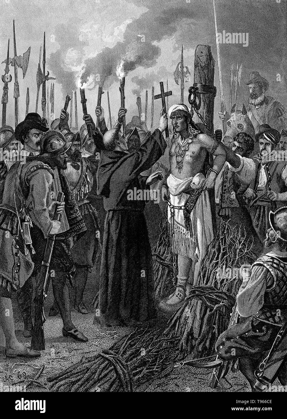 Kupferstich mit der Darstellung der Ausführung von Atahualpa Atahualpa (1497-1533) war der letzte souveräne Herrscher des Inkareiches, vor der Spanischen Eroberung Perus. Während der Spanischen Eroberung des Inkareiches, der Spanier Francisco Pizarro gefangen Atahualpa und verwendet ihn der Inca Empire zu steuern. Das zahlenmäßig Spanisch sah Atahualpa als zu viel einer Haftung und beschlossen, ihn auszuführen. Stockfoto
