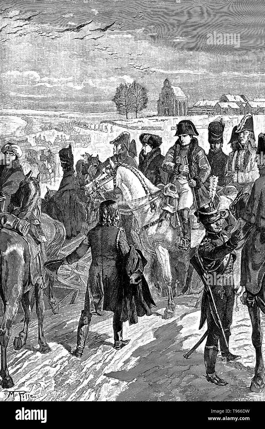 Napoleon mit seinem Schwert zu Larrey auf dem Schlachtfeld. Napoleon Bonaparte (August 15, 1769 - Mai 5, 1821) war ein französischer militärischen und politischen Führer. Er war Kaiser der Franzosen von 1804-15. Aufgrund seines Erfolges während der Napoleonischen Kriege, oft gegen größere Kräfte, er ist als einer der größten militärischen Befehlshaber aller Zeiten betrachtet. Der Krieg der Halbinsel und 1812 französische Invasion in Russland markiert Wendepunkte in Napoleons vermögen. Stockfoto