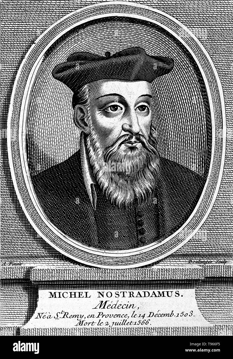 Michel De Nostredame alias Nostradamus (Dezember 14 oder 21 1503 - Juli 2, 1566) war ein französischer Apotheker und renommierte Sehers. Er schrieb ein Almanach für 1550 und als Ergebnis ihrer Erfolg, fuhr fort, sie schreiben für die künftigen Jahre, als er begann seine Arbeit als Astrologe für verschiedene wohlhabende Mäzene. Seine Les Propheties, eine Sammlung von 942 poetische Vierzeiler Vorhersage zukünftiger Ereignisse. Sein Buch, die zum ersten Mal im Jahre 1555 veröffentlicht wurde, hat selten Vergriffen seit seinem Tod gewesen. Stockfoto