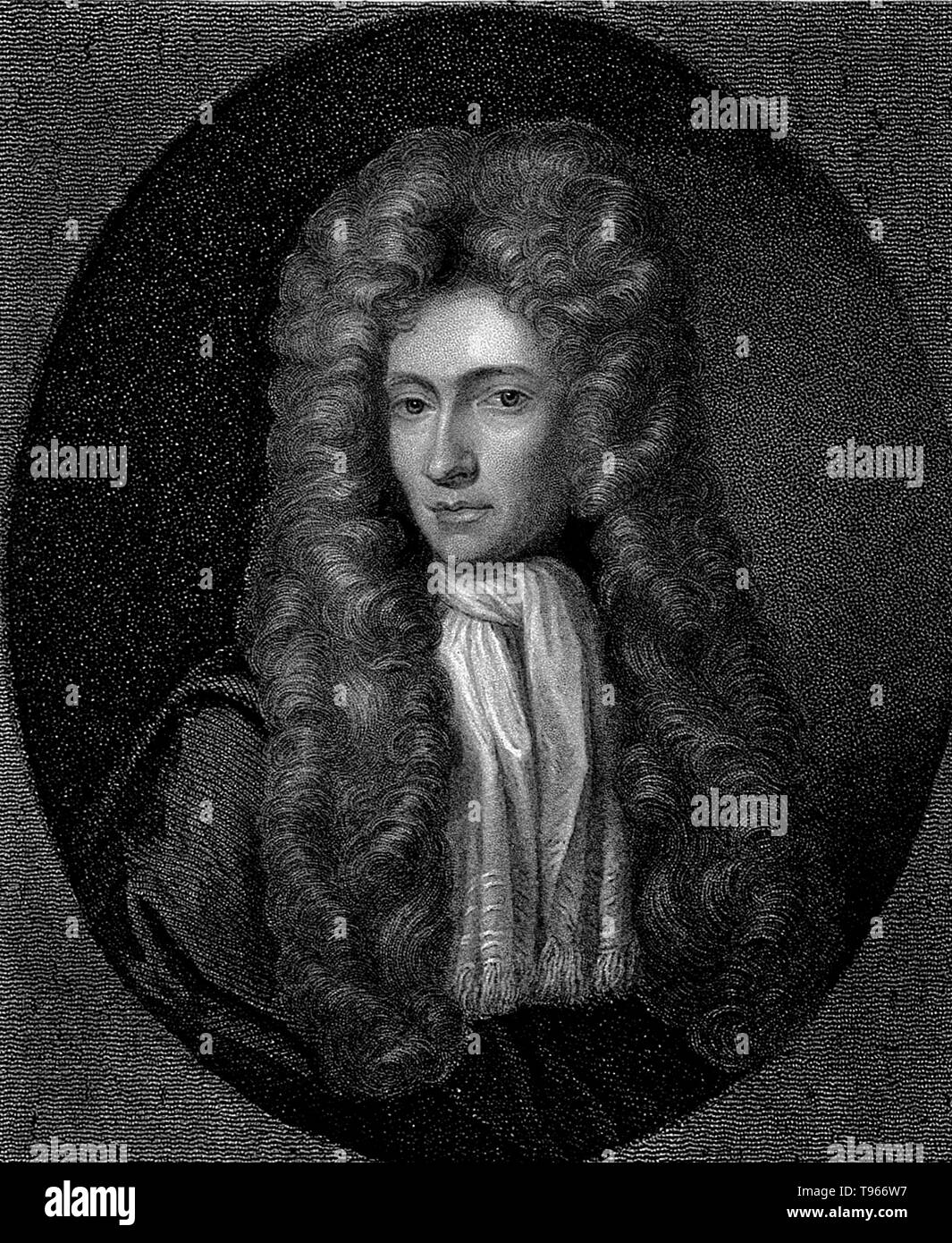 Robert Boyle (25. Januar 1627 bis 31. Dezember 1691) war ein irischer Philosoph, Chemiker, Physiker und Erfinder. Er ist heute als das erste moderne Chemiker und einer der Pioniere der modernen experimentellen wissenschaftlichen Methode. Er starb 1691 im Alter von 64 Jahren. Portrait von Frederic Kerseboom, undatiert. Stockfoto