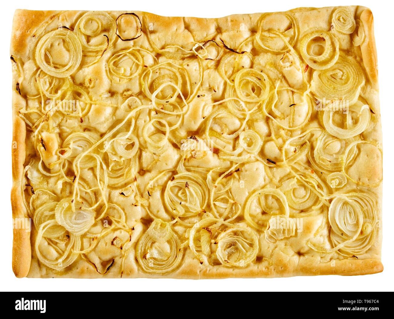 Italienische Focaccia-brot gekrönt mit dünn geschnittenen Zwiebeln und Gewürzen von Overhead auf weißen isoliert gesehen Stockfoto