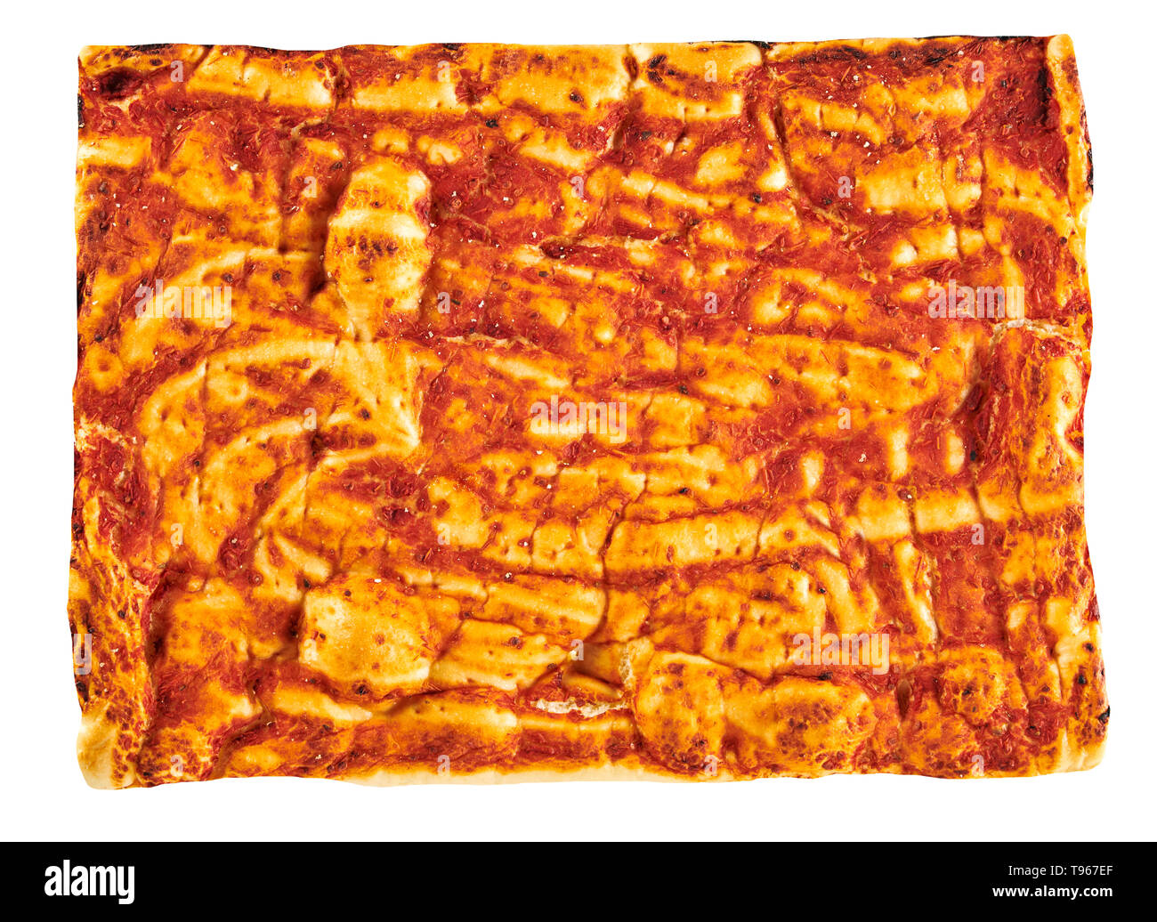 Italienische rote Pizza garniert mit Tomatenmark in einem rechteckigen Ausschnitt gesehen von oben auf weißem isoliert Stockfoto