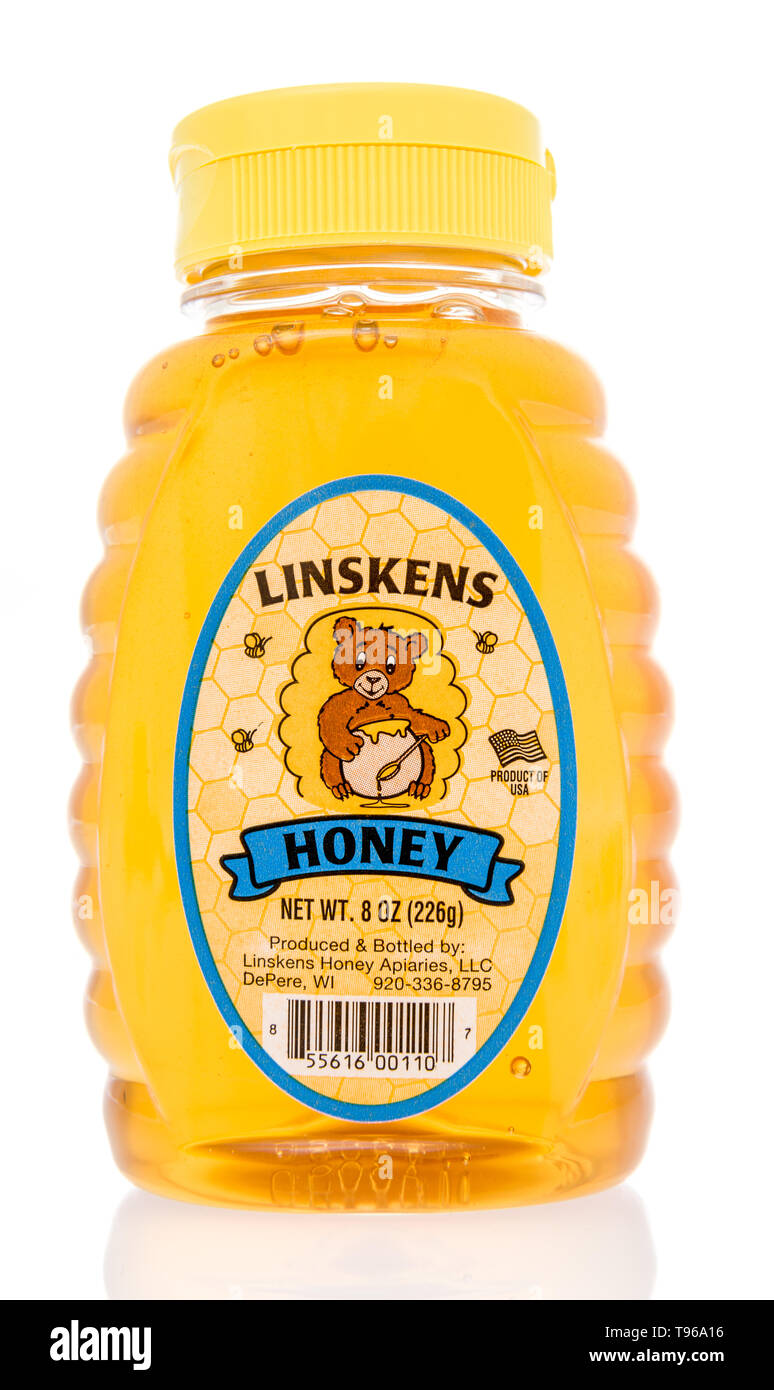 Winneconne, WI - 12. Mai 2019: Eine Flasche Linskens Honig auf einer isolierten Hintergrund Stockfoto