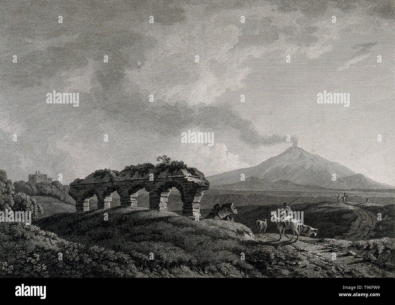 Eine Eruption am 18. Juli 1787 von der zentralen Krater Lapilli und Asche fallen auf der süd-östlichen Flanke. Asche fiel auf Malta Insel. Der Ätna ist ein aktiver stratovulkan an der Ostküste von Sizilien, Italien. Der Ätna ist einer der aktivsten Vulkane der Welt und ist in einer fast konstanten Zustand der Aktivität. Die fruchtbaren vulkanischen Böden unterstützen die Landwirtschaft, mit Weinbergen und Obstgärten, die sich über den unteren Hängen der Berge und die weite Ebene von Catania nach Süden. Kupferstich von W. Byrne und T. Galen, 1788, nach J. Smith. Stockfoto