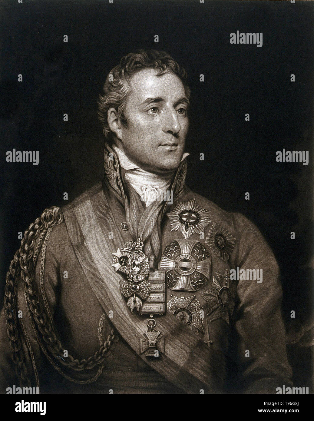 Arthur Wellesley, 1. Herzog von Wellington (1. Mai 1769 - 14. September 1852), war ein anglo-irischen Soldat und Staatsmann. Wellesley stieg zum Vorsprung als allgemeine während der Halbinsel Kampagne der Napoleonischen Kriege, und wurde in den Rang eines Feldmarschalls, nachdem die alliierten Truppen zum Sieg gegen das Französische Imperium in der Schlacht von Vitoria im Jahr 1813 gefördert. Nach Napoleons Verbannung 1814, diente er als Botschafter in Frankreich und war ein Herzogtum gewährt. Stockfoto
