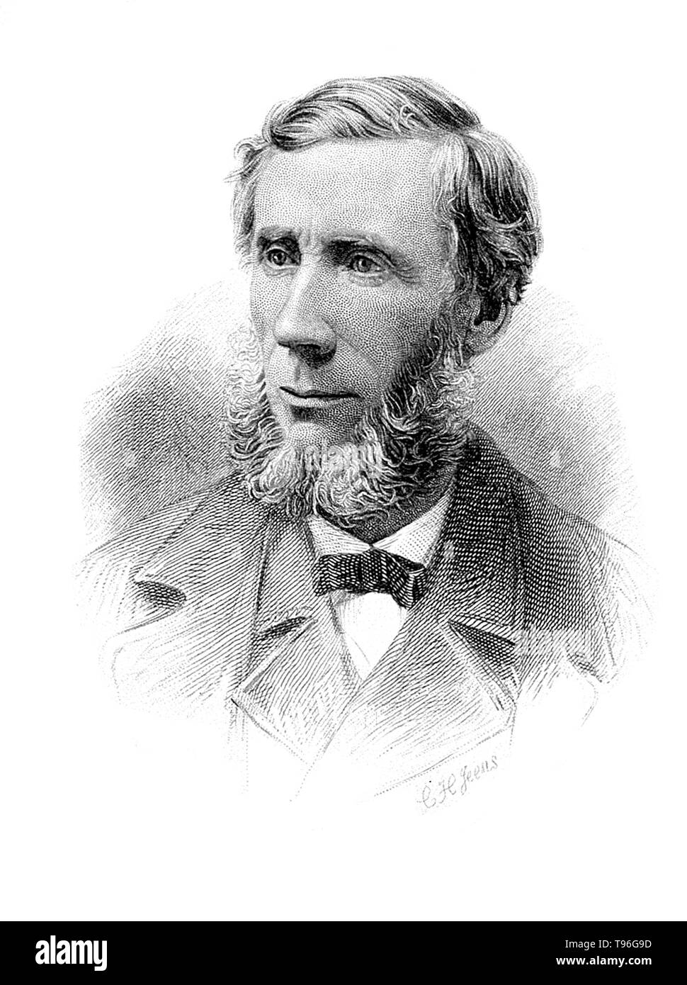 John Tyndall (2. August 1820 - Dezember 4, 1893) war ein irischer Physiker und medizinische Erzieher. Beginnend in den späten 1850s, Tyndall studierte die Wirkung der strahlende Energie auf die Bestandteile der Luft. Er war der Erste, der richtig die relative Infrarot absorbierenden Befugnisse der Gase Stickstoff, Sauerstoff, Wasserdampf, Kohlendioxid, Ozon und Methan. Dichtfläche Gravur von Charles Henry Jeens, 1874. Stockfoto
