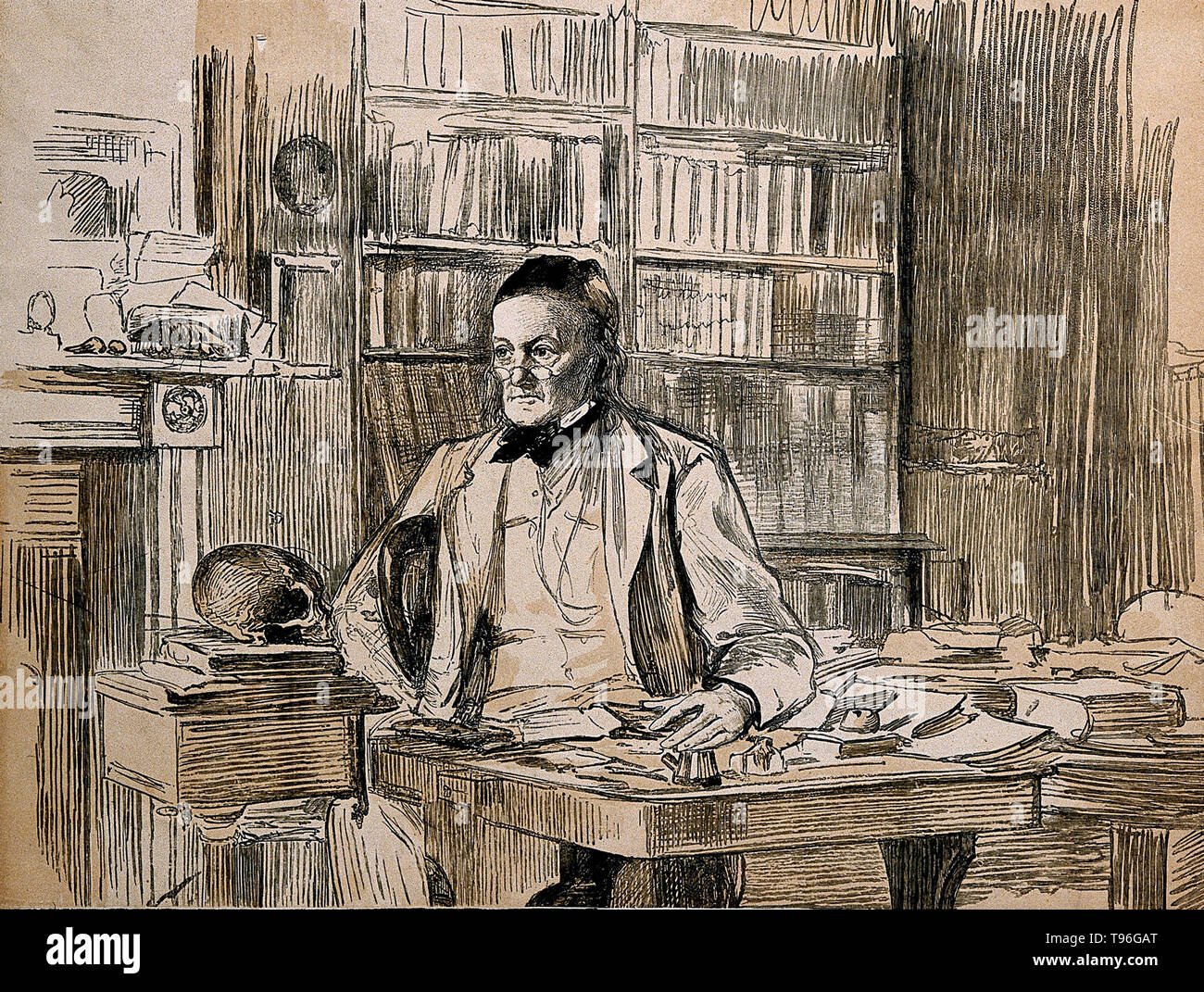 Richard Owen (20. Juli 1804 - 18. Dezember 1892) war ein englischer Biologe, vergleichende Anatom und Paläontologe. Eine seiner Positionen war, dass der prosector für den London Zoo, was bedeutete, dass er hatte zu sezieren und jeder Zoo Tiere, die in der Gefangenschaft gestorben bewahren. Dies gab ihm große Erfahrung mit der Anatomie von exotischen Tieren. Er produzierte eine Vielzahl von wissenschaftlichen Arbeiten, aber ist wahrscheinlich am besten heute für die Ausprägung des Wortes Dinosauria erinnert. Stockfoto