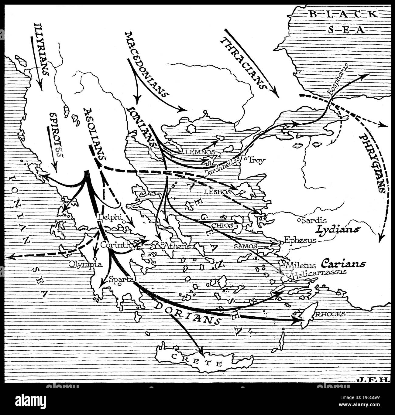 Das antike Griechenland 1100-800 v. Chr.. Die griechischen Dark Age, auch genannt der Griechischen Dark Ages, Homerische Alter oder geometrische Periode (also nach den charakteristischen geometrischen Kunst der Zeit" genannt), ist die Zeit der griechischen Geschichte vom Ende der mykenischen Palast Zivilisation um 1100 v. Chr. die ersten Anzeichen der griechischen Stadtstaaten, die im 9. Jahrhundert v. Chr.. Illustriert von J. F. Horrabin. Stockfoto