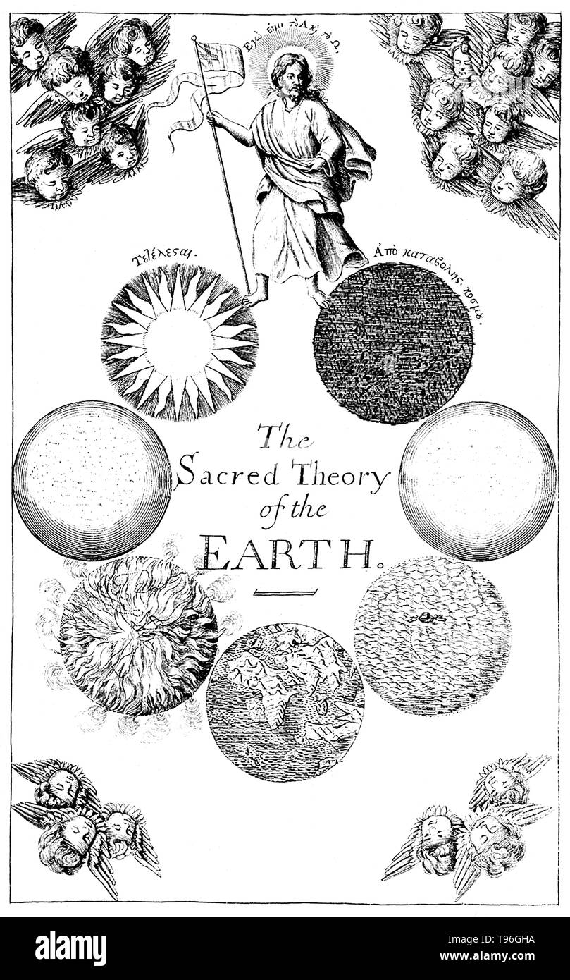 Thomas Burnett (1635 - 27. September 1715) war ein englischer Theologe und Schriftsteller auf kosmogonie. Sein bekanntestes Werk ist seine Telluris Theoria Sacra, oder Heiligen Theorie der Erde. Der erste Teil wurde 1681 in Lateinamerika veröffentlicht, 1684 in englischer Übersetzung; der zweite Teil erschien im Jahr 1689 (1690, in Englisch). Es war eine spekulative Kosmogonie, in denen Burnett eine hohle Erde mit das meiste Wasser nach innen, bis die Sintflut, zu welcher Zeit Berge und Ozeane vorgeschlagen. Stockfoto