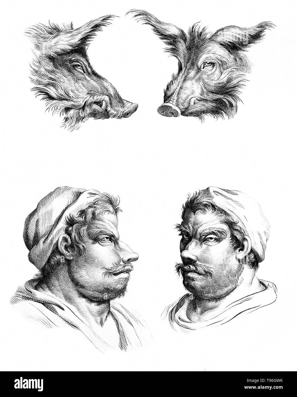 Das Ziel der Physiognomie Charakter ist nach Funktionen des Gesichts zu beurteilen. Charles Le Brun (Februar 24, 1619 - Februar 12, 1690) war ein französischer Maler, Kunsttheoretiker, Raumausstatter und Maler Louis XIV. Stockfoto
