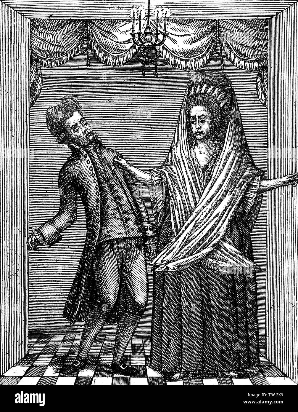 Charlotte Corday erstechen Marat im Herzen. Charlotte Corday (Juli 27, 1768 - Juli 17, 1793) war eine Figur der Französischen Revolution. Im Jahre 1793 wurde sie durch die Guillotine hingerichtet, die für die Ermordung der Führer Jakobiner Jean-Paul Marat. Sie glaubte, dass Marat Bedrohung der Republik wurde und dass sein Tod würde Gewalt Ende der ganzen Nation. Sie ging zu Marat's Home am Abend des 13. Juli, Kenntnis von einer geplanten Girondist Aufstand in Caen zu haben. Marat aufgenommen. Stockfoto