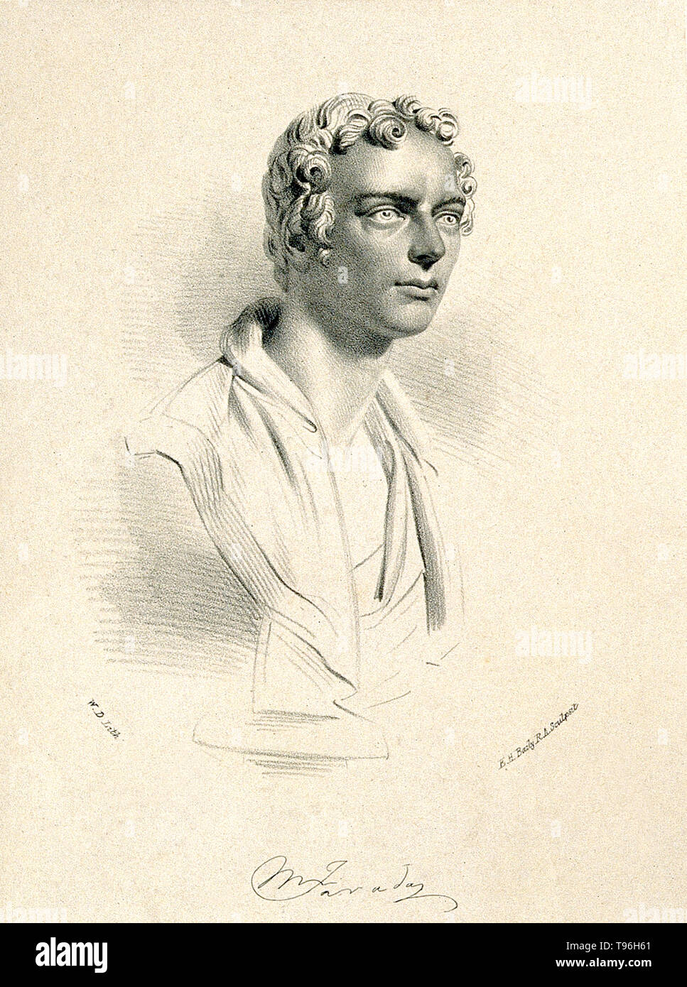 Michael Faraday (September 22, 1791 - 25. August 1867) war ein englischer Chemiker und Physiker, der auf die Felder des Elektromagnetismus und der Elektrochemie beigetragen. Faraday mit Elektrizität und Magnetismus experimentiert und schlägt vor, dass Magnetismus wurde ein Rundschreiben. Er auch für die Entdeckung der magnetischen optische Drehung bekannt ist, elektromagnetische Induktion, die Erfindung des Dynamos, die Perfektionierung der Bunsenbrenner, und der Formulierung der zweite Gesetz der Elektrolyse. Autor von ''chemische Manipulation'', Faraday selbst ausgebildet und auf die Felder des Elektromagnetismus und der Elektrochemie trugen nach einem apprent Stockfoto