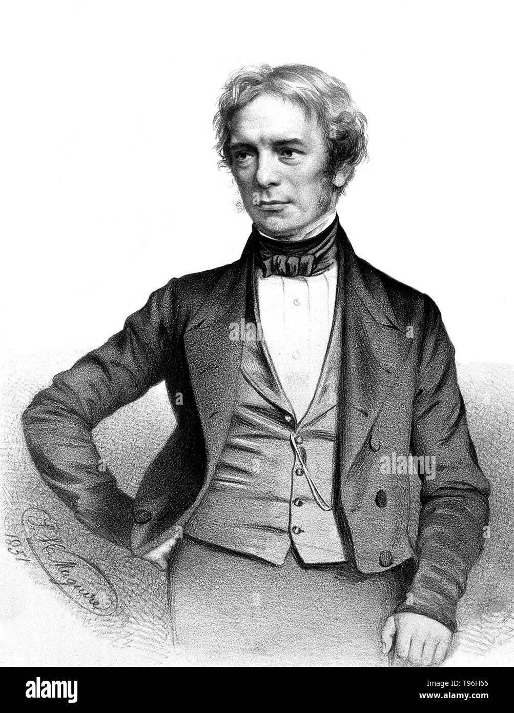 Michael Faraday (September 22, 1791 - 25. August 1867) war ein englischer Chemiker und Physiker, der auf die Felder des Elektromagnetismus und der Elektrochemie beigetragen. Faraday mit Elektrizität und Magnetismus experimentiert und schlägt vor, dass Magnetismus wurde ein Rundschreiben. Er auch für die Entdeckung der magnetischen optische Drehung bekannt ist, elektromagnetische Induktion, die Erfindung des Dynamos, die Perfektionierung der Bunsenbrenner, und der Formulierung der zweite Gesetz der Elektrolyse. Autor von "chemische Manipulation", Faraday selbst ausgebildet und auf die Felder des Elektromagnetismus und der Elektrochemie trugen nach einem apprentic Stockfoto