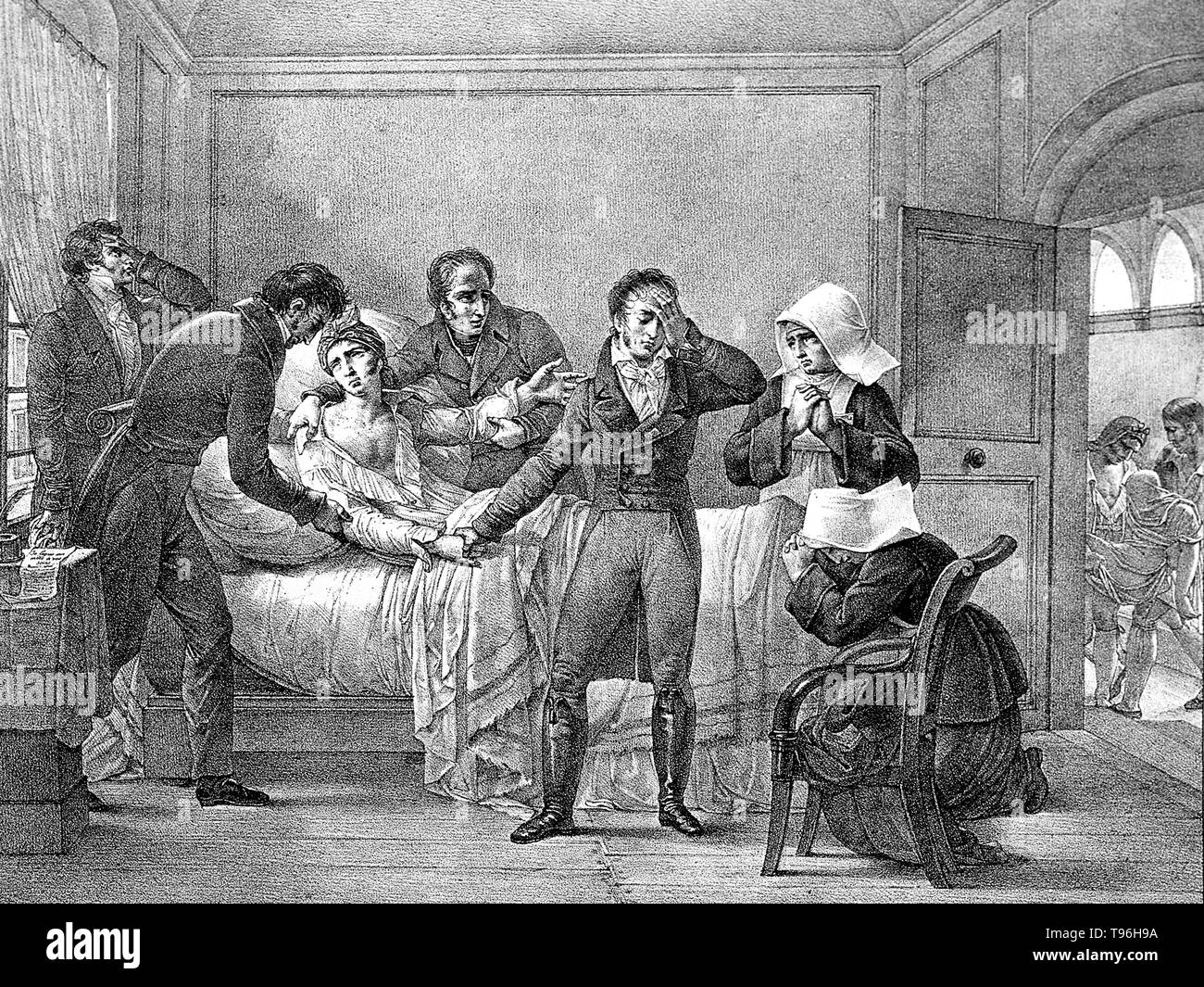 André Mazet (Dezember 1793 - Oktober 22, 1821) war ein französischer Arzt. Sein Buch, "Bemerkungen sur la Fievre Jaune, Faites ein Cadix, en 1819'' war ein Konto eines Gelbfieber Ausbruch in Cadiz. Mazet war einer der fünf Mitglieder der medizinischen Kommission in Barcelona durch die französische Regierung das Gelbe Fieber Epidemie zu bekämpfen. Er kam in Barcelona am 8. Oktober und wurde fast sofort mit Gelbfieber infiziert und starb zusammen mit mehreren tausend Bürger, die während der 1821 Ausbruch. Kein Künstler gutgeschrieben, die Vervielfältigung von einer Lithographie, 1821. Stockfoto