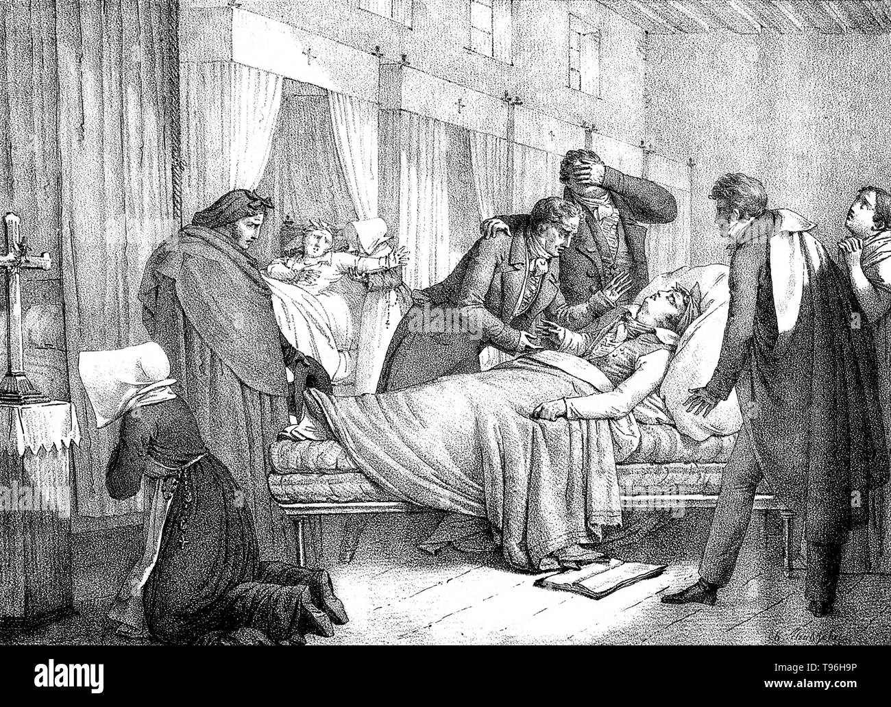 Der Tod von André Mazet. André Mazet (Dezember 1793 - Oktober 22, 1821) war ein französischer Arzt. Sein Buch, "Bemerkungen sur la Fievre Jaune, Faites ein Cadix, en 1819'' war ein Konto eines Gelbfieber Ausbruch in Cadiz. Mazet war einer der fünf Mitglieder der medizinischen Kommission in Barcelona durch die französische Regierung das Gelbe Fieber Epidemie zu bekämpfen. Er kam in Barcelona am 8. Oktober und wurde fast sofort mit Gelbfieber infiziert und starb zusammen mit mehreren tausend Bürger, die während der 1821 Ausbruch. Lithographie, kein Künstler gutgeschrieben. Stockfoto