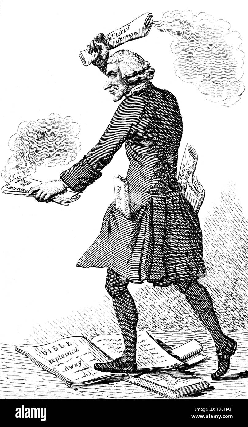 Joseph Priestley (März 24, 1733 - Februar 6, 1804) war ein englischer Theologe, Philosoph, Chemiker, Erzieher, und politische Theoretiker, die über 150 Werke veröffentlicht. Seine berühmtesten wissenschaftliche Forschung wurde auf die Art und die Eigenschaften der Gase. Stockfoto