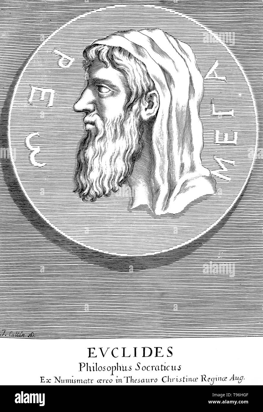 Euklid (Bedeutung, gute Herrlichkeit, 300 v. Chr.) war ein antiker griechischer Mathematiker, die oft als der "Vater der Geometrie''. Es ist wenig über sein Leben bekannt. Das Datum und der Ort des Euklids Geburt und das Datum und die Umstände seines Todes sind unbekannt. Keine Ähnlichkeit oder Beschreibung der physischen Erscheinung Euklids vorgenommen, die während seiner Lebenszeit der Antike überlebte. Daher Euklids Darstellung in Werken der Kunst ist das Produkt der Phantasie des Künstlers. Stockfoto