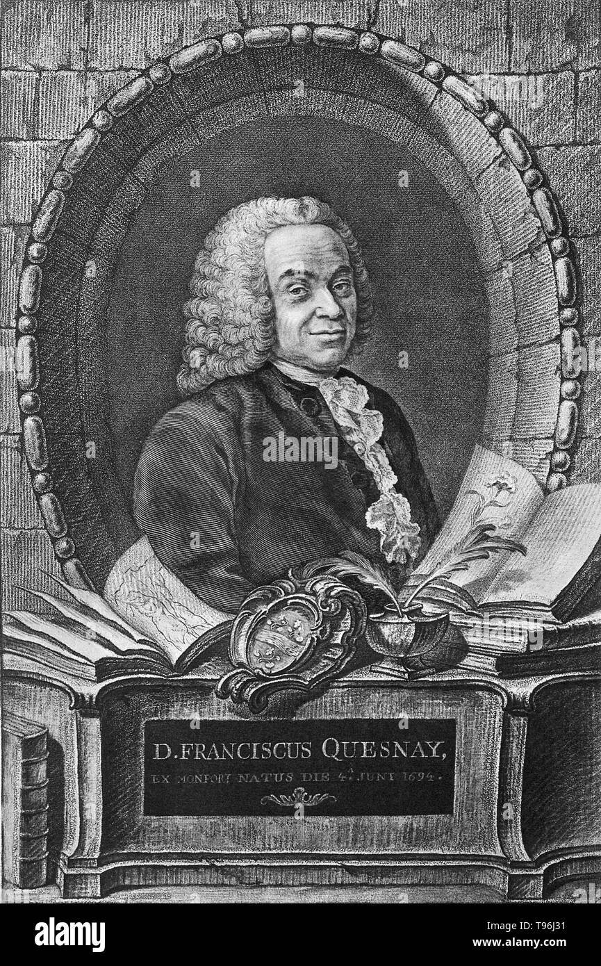 Francois Quesnay (4. Juni 1694 - 16. Dezember 1774) war ein französischer Ökonom und Arzt. Er studierte Medizin in Paris, und wurde Arzt zu König Ludwig XV. von Frankreich. Von den späten 1740er-Jahren begann er mehr Zeit für das Studium der Wirtschaftswissenschaften zu widmen, die sich um ihn eine Gruppe führender Wirtschafts- Denker (Physiocrates). Er veröffentlichte die "Tableau Économique" (Wirtschafts- Tabelle) im Jahre 1758, der die Grundlagen der Theorie der Physiokraten. Stockfoto