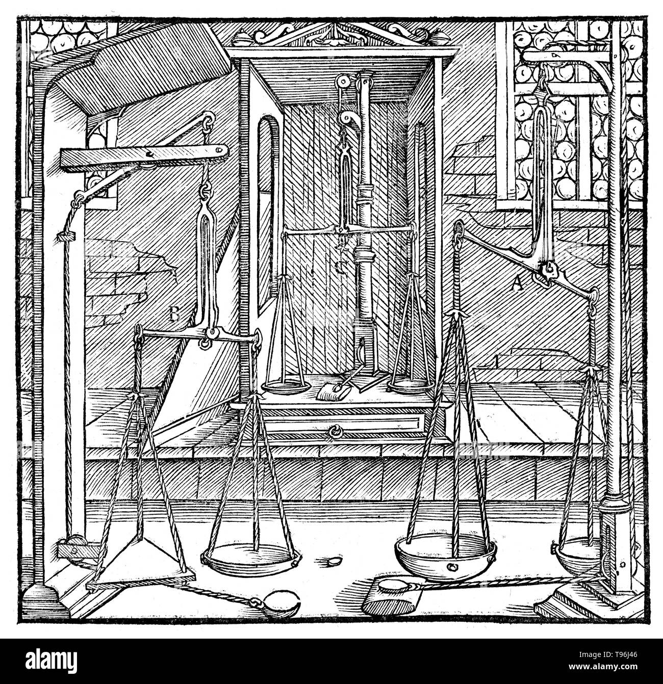 Holzschnitt aus De Re Metallica. Drei Paare von Skalen. Georgius Agricola (März 24, 1494 - November 21, 1555) war ein deutscher Gelehrter und Wissenschaftler,'' bekannt, der Vater der Mineralogie''. 1556 veröffentlichte er sein Buch De Re Metallica, eine Abhandlung über Bergbau und Metallgewinnung, mit Holzschnitten illustriert Prozesse Erze aus dem Boden und Metall aus dem Erz zu extrahieren, und die vielen Verwendungen von Wassermühlen im Bergbau. Stockfoto