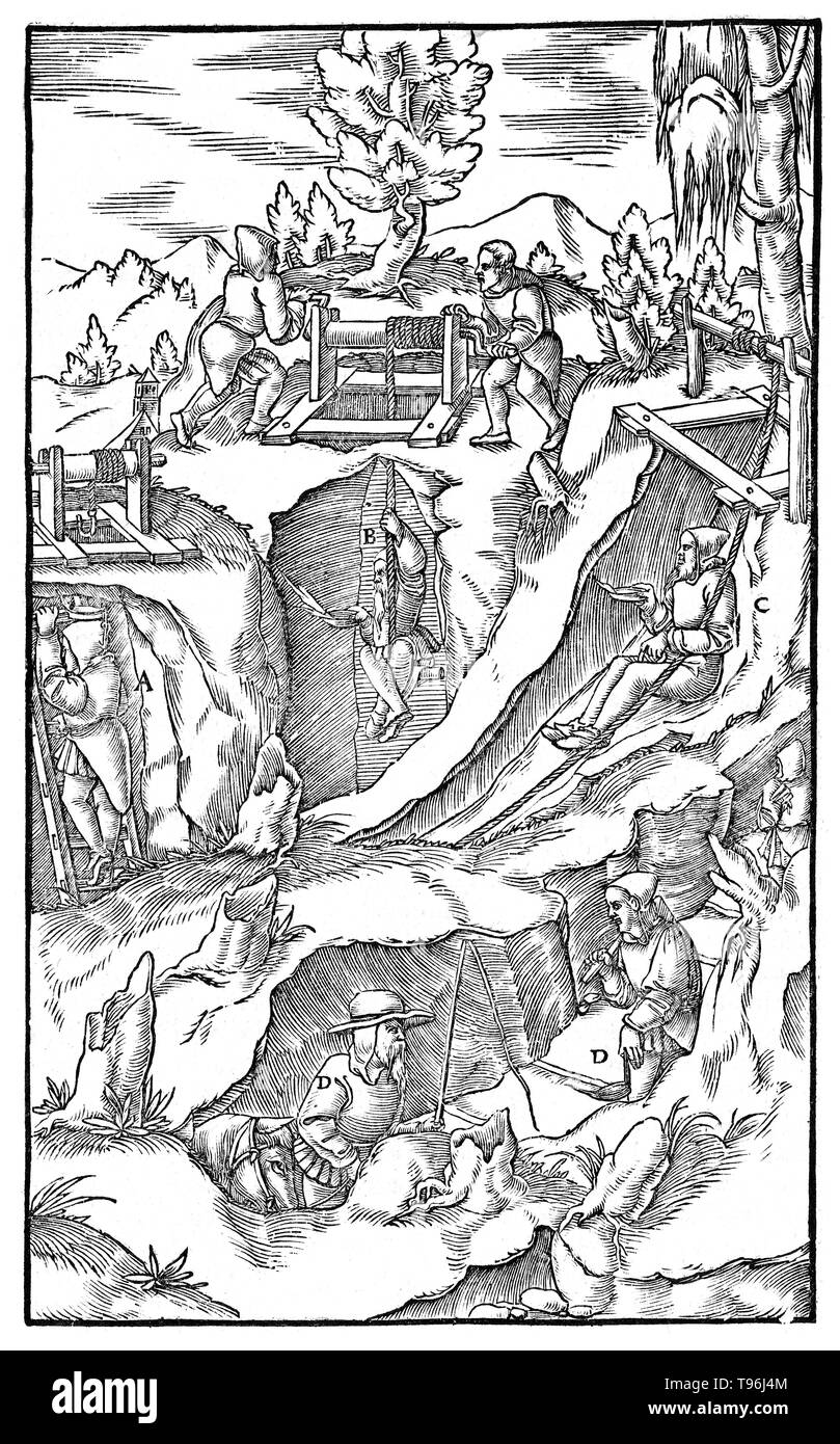 Holzschnitt aus De Re Metallica. Mining Techniken. Liber sextus (Buch 6). Georgius Agricola (März 24, 1494 - November 21, 1555) war ein deutscher Gelehrter und Wissenschaftler,'' bekannt, der Vater der Mineralogie''. 1556 veröffentlichte er sein Buch De Re Metallica, eine Abhandlung über Bergbau und Metallgewinnung, mit Holzschnitten illustriert Prozesse Erze aus dem Boden und Metall aus dem Erz zu extrahieren, und die vielen Verwendungen von Wassermühlen im Bergbau. Stockfoto